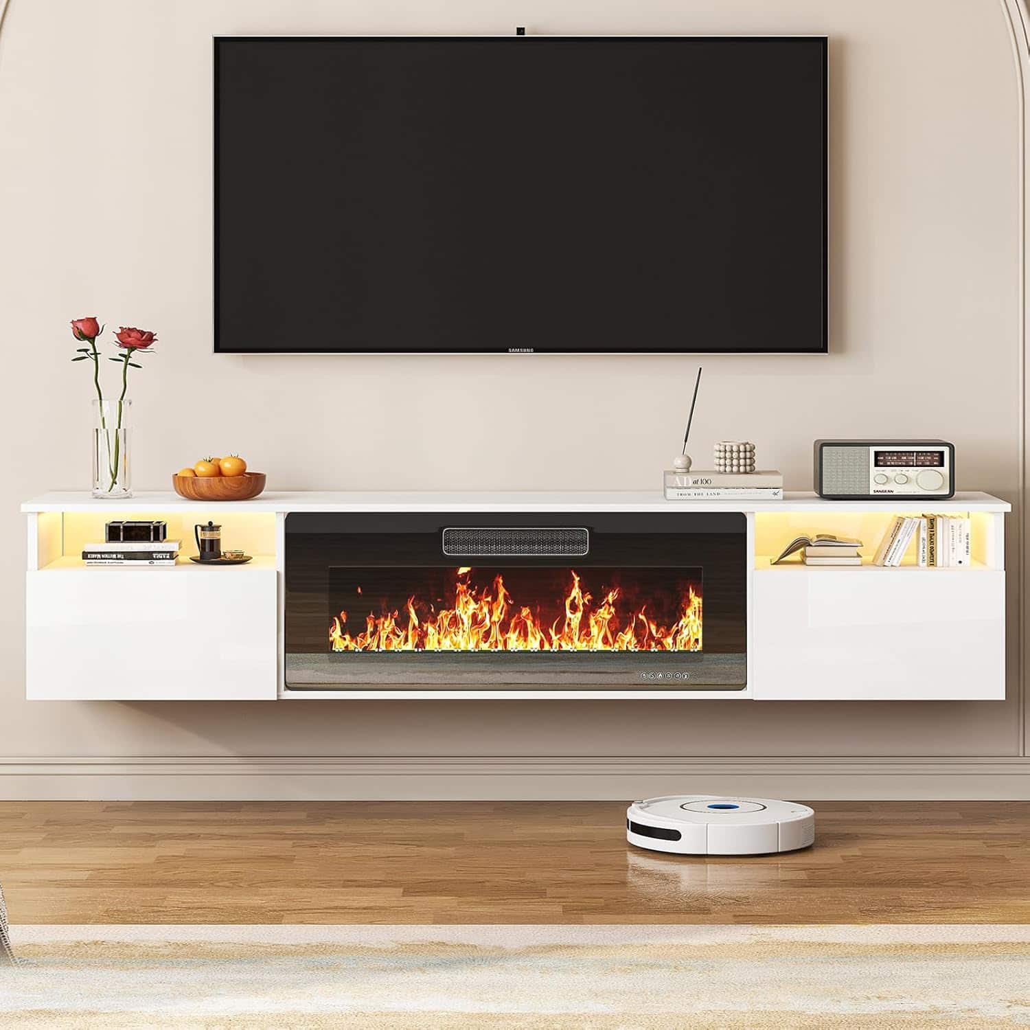Circus Cirle - 80" Floating TV Stand with 36" Electric Fireplace Heater - White