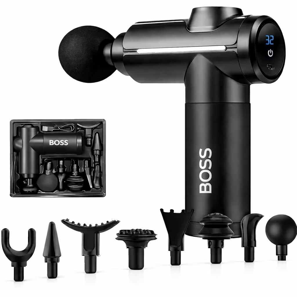 BOSS - Handheld Percussion Massage Gun with 8 Massage Heads, Ultra-Quiet Motor, Smart LCD Display, Type-C Fast Charging