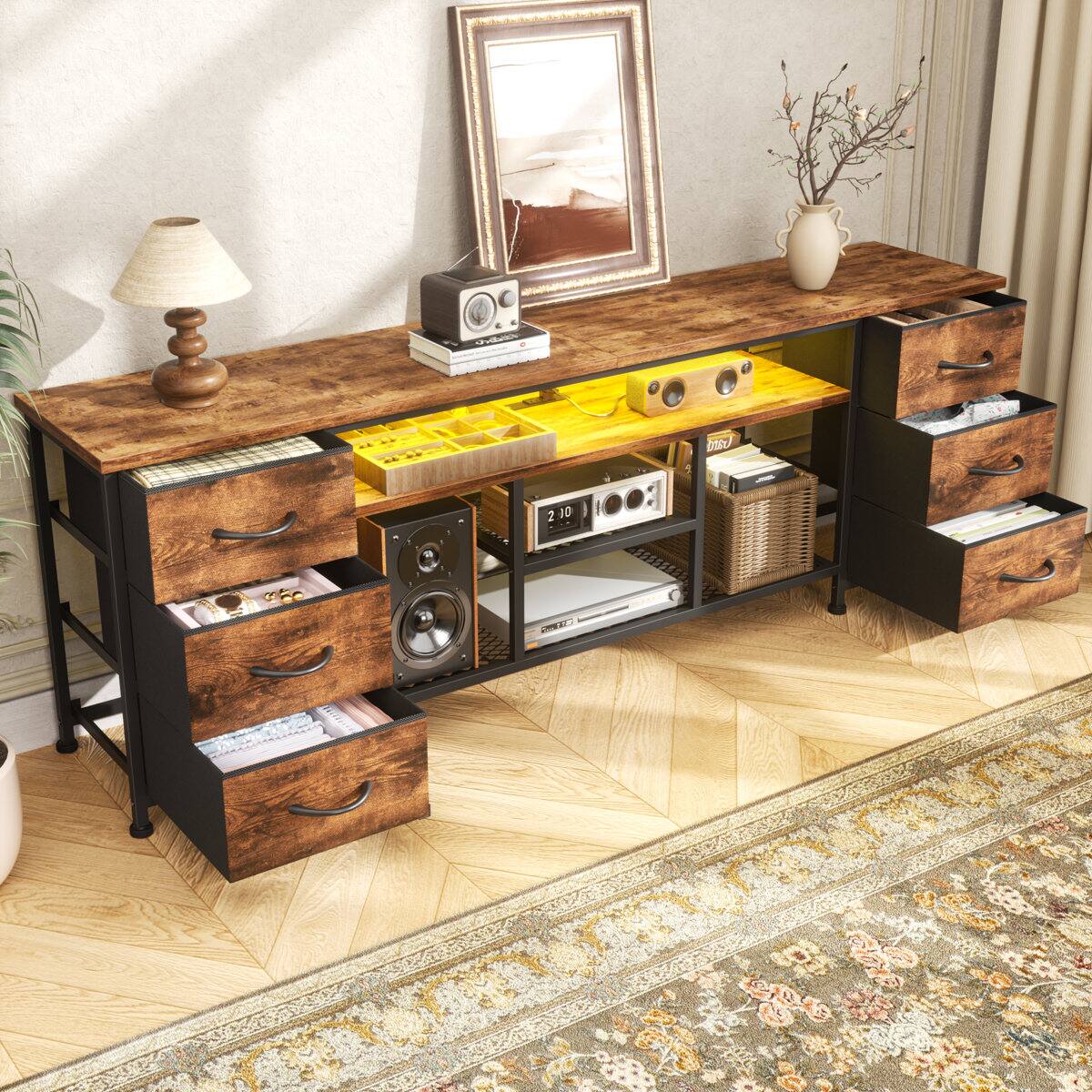 Alt View 1. Furnulem - 71 In Modern LED TV Stand with Power Outlets  6 Drawer Entertainment Center Media Console with Storage for Living Room - Brown.