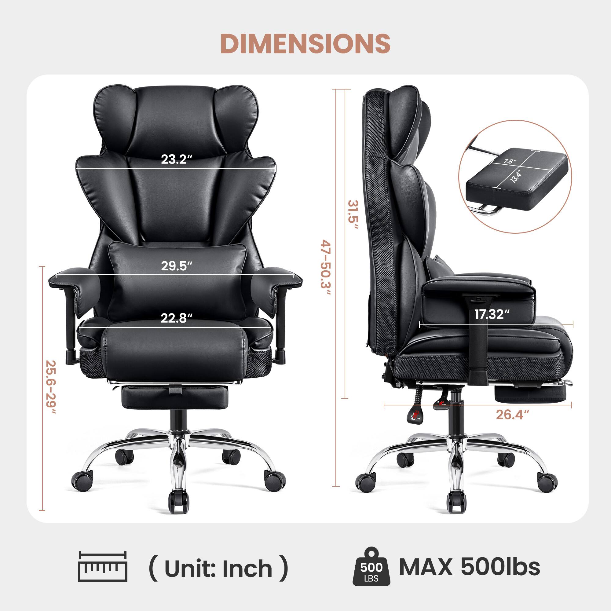 DIMENSIONS

- 23.2"
- 29.5"
- 22.8"
- 47-50.3"
- 31.5"
- 17.32"
- 26.4"
- 25.6-29"

(Unit: Inch)

MAX 500lbs