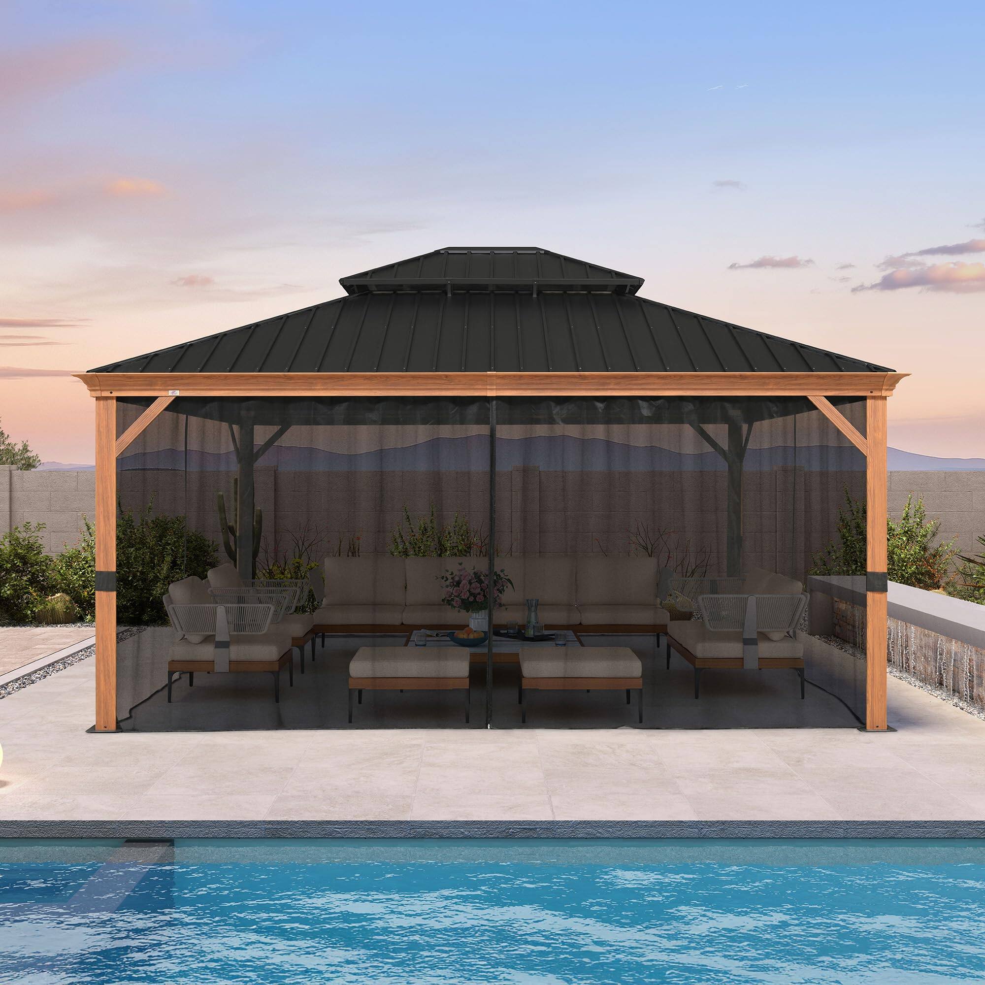 Angle. PURPLE LEAF - 14' X 16' Hardtop Outdoor Wood Grain Aluminum Gazebo with Double Roof for Patio Lawn and Garden, Netting Included - 14' X 16'.