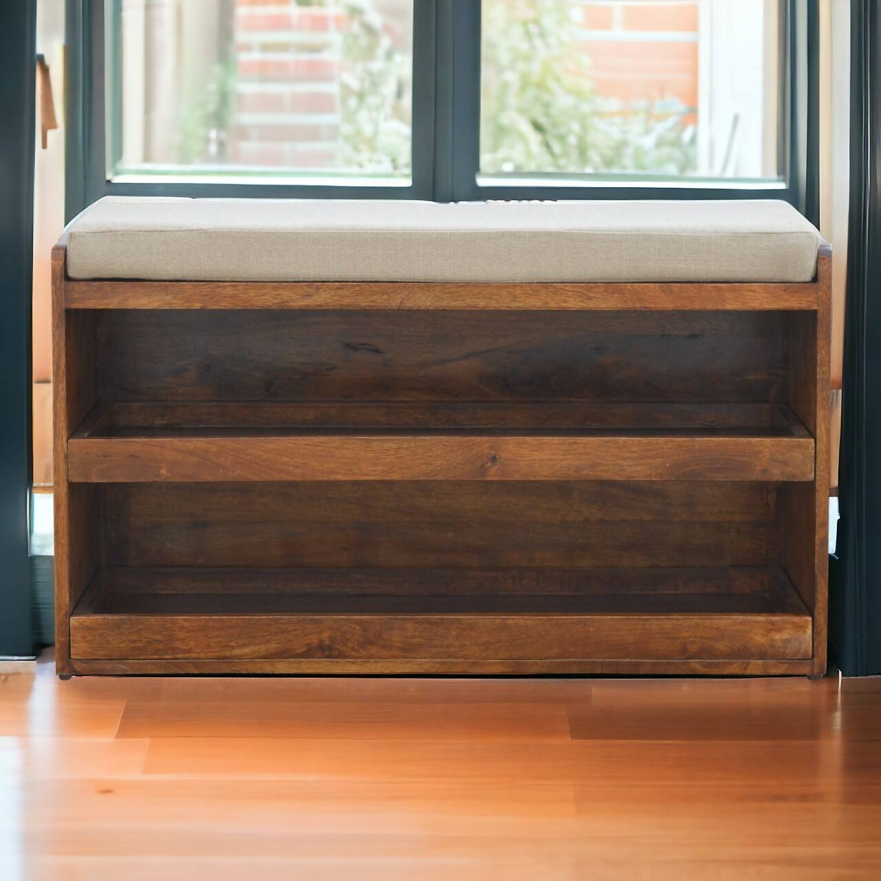Alt View 6. Artisan Furniture - Artisan Furniture Solid Wood Mud Linen Pull out Shoe Bench, Upholstered, 2 Shelves, Brown & White - Brown & White.
