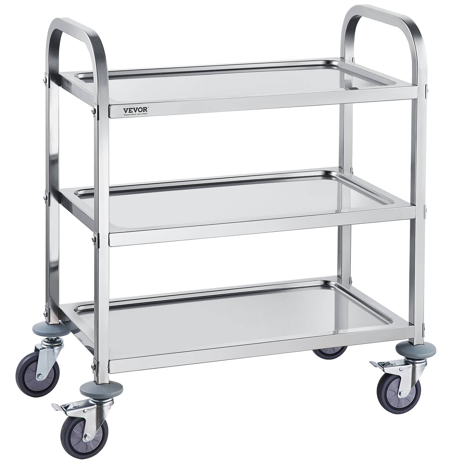 VEVOR - Stainless Steel Cart, 3 Layers Lab Utility Cart 400lbs Weight Capacity, Medical Cart with Lockable Universal Wheels - Silver