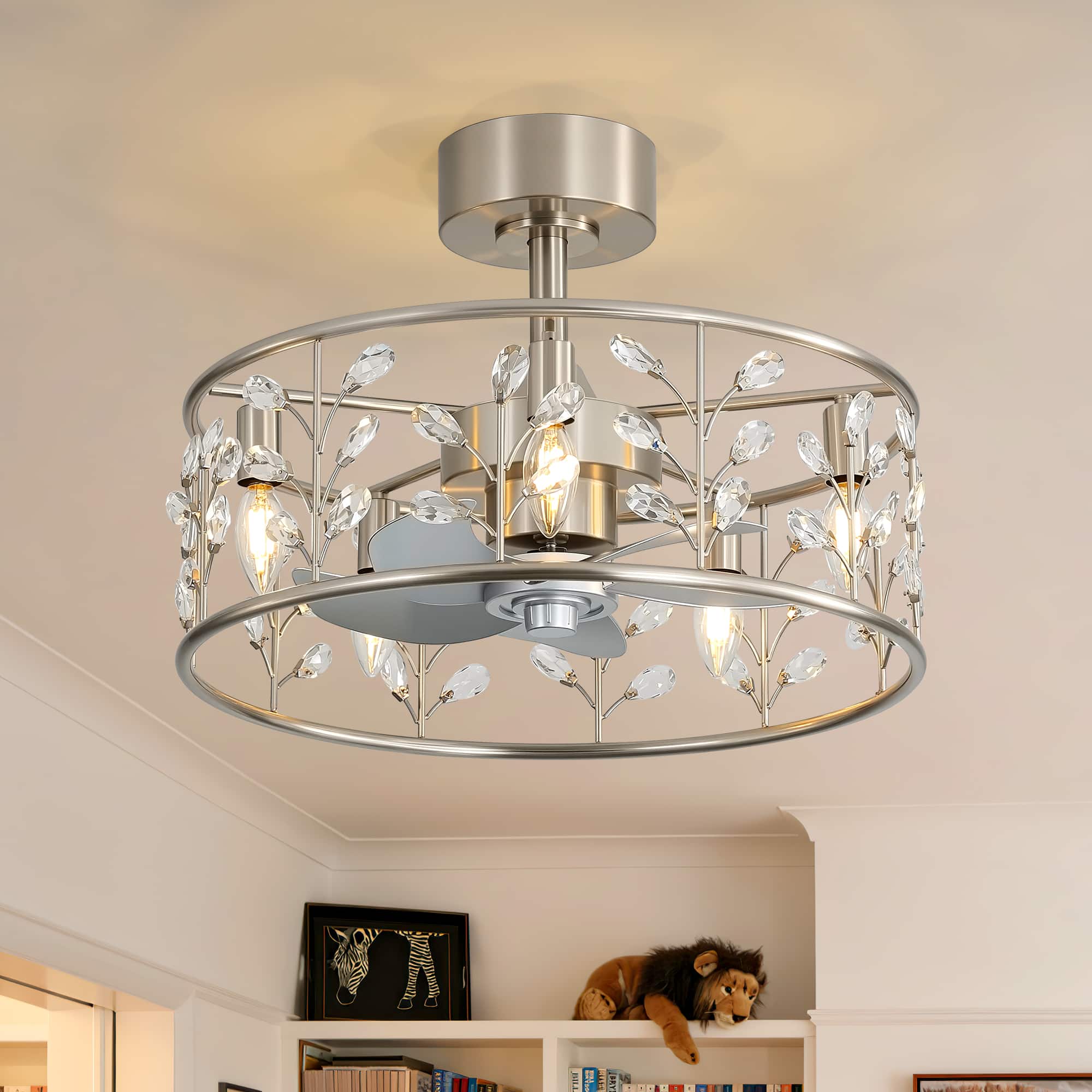 Breezary - 20-Inch Cage Ceiling Fan with 5-Light Fixture, Crystal Accents, 5 ABS Blades, DC Motor, 6 Speeds and Remote Control - Satin Nickel and Silver