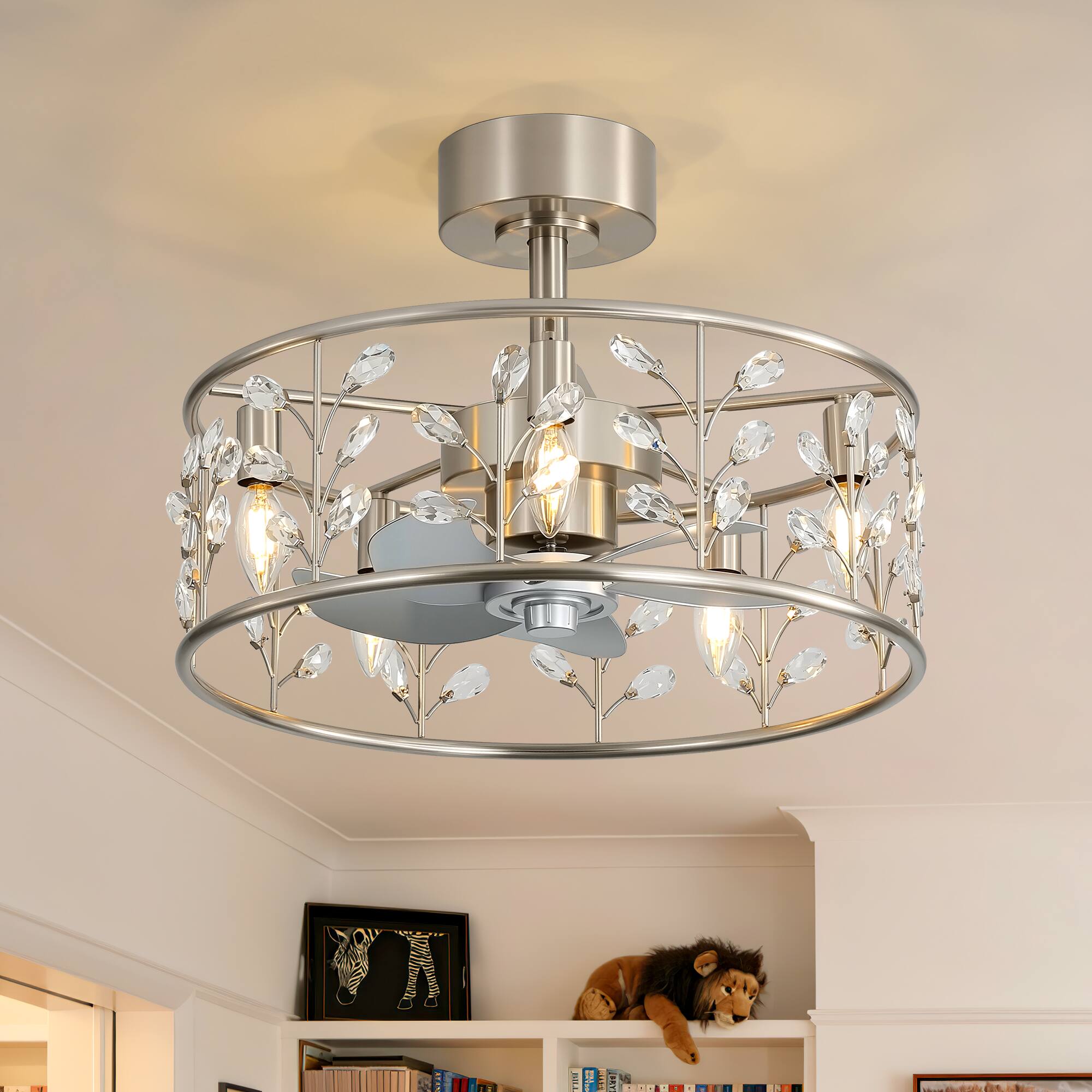 Breezary - 20-Inch Cage Ceiling Fan with 5-Light Fixture, Crystal Accents, 5 ABS Blades, DC Motor, 6 Speeds and Remote Control - Satin Nickel and Silver