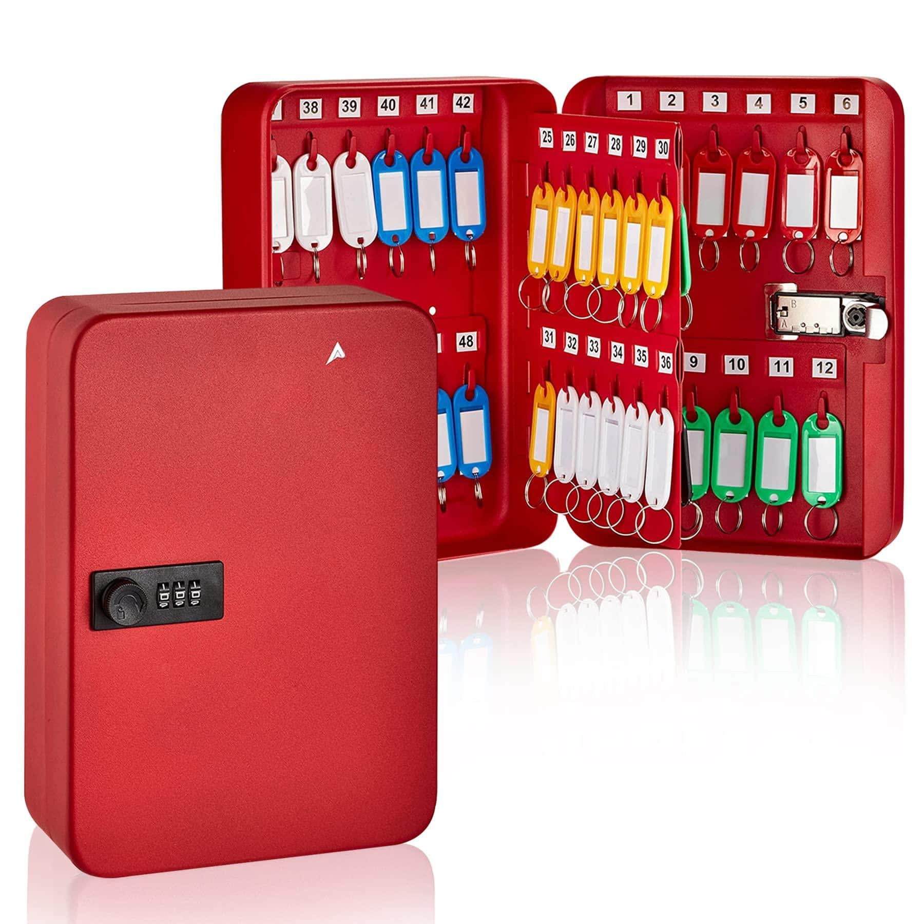 Reds Spade - AdirOffice Key Lock Box - 48 Hook Wall Mounted Key Cabinet Holder, Lockable Storage - Metal Organizer for H - Red 48 Key