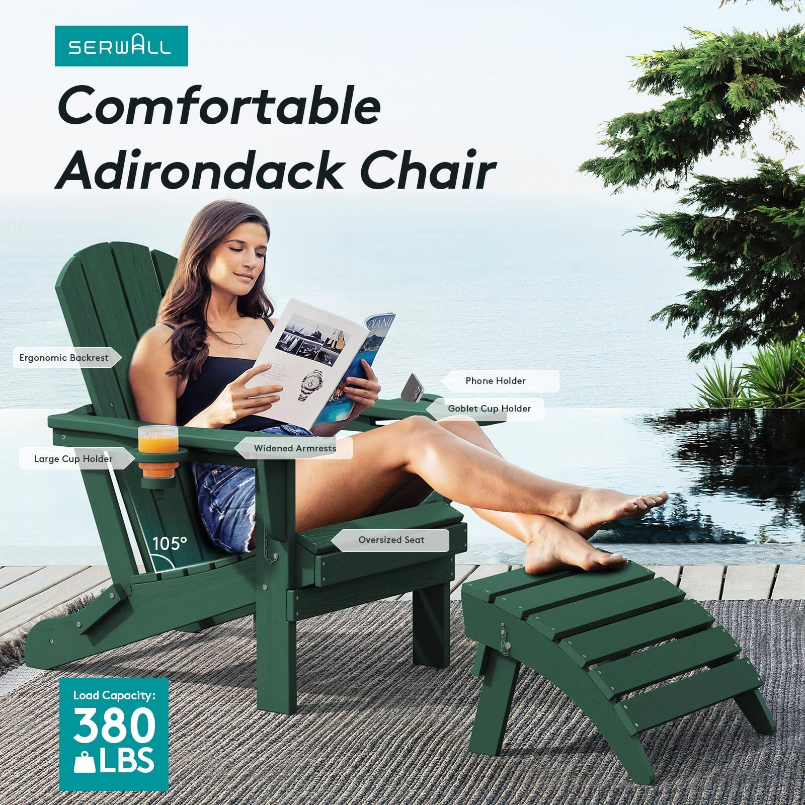 SERWALL Comfortable Adirondack Chair Ergonomic Backrest Phone Holder Goblet Cup Holder Large Cup Holder Widened Armrests 105 Oversized Seat Load Capacity: 380 LBS