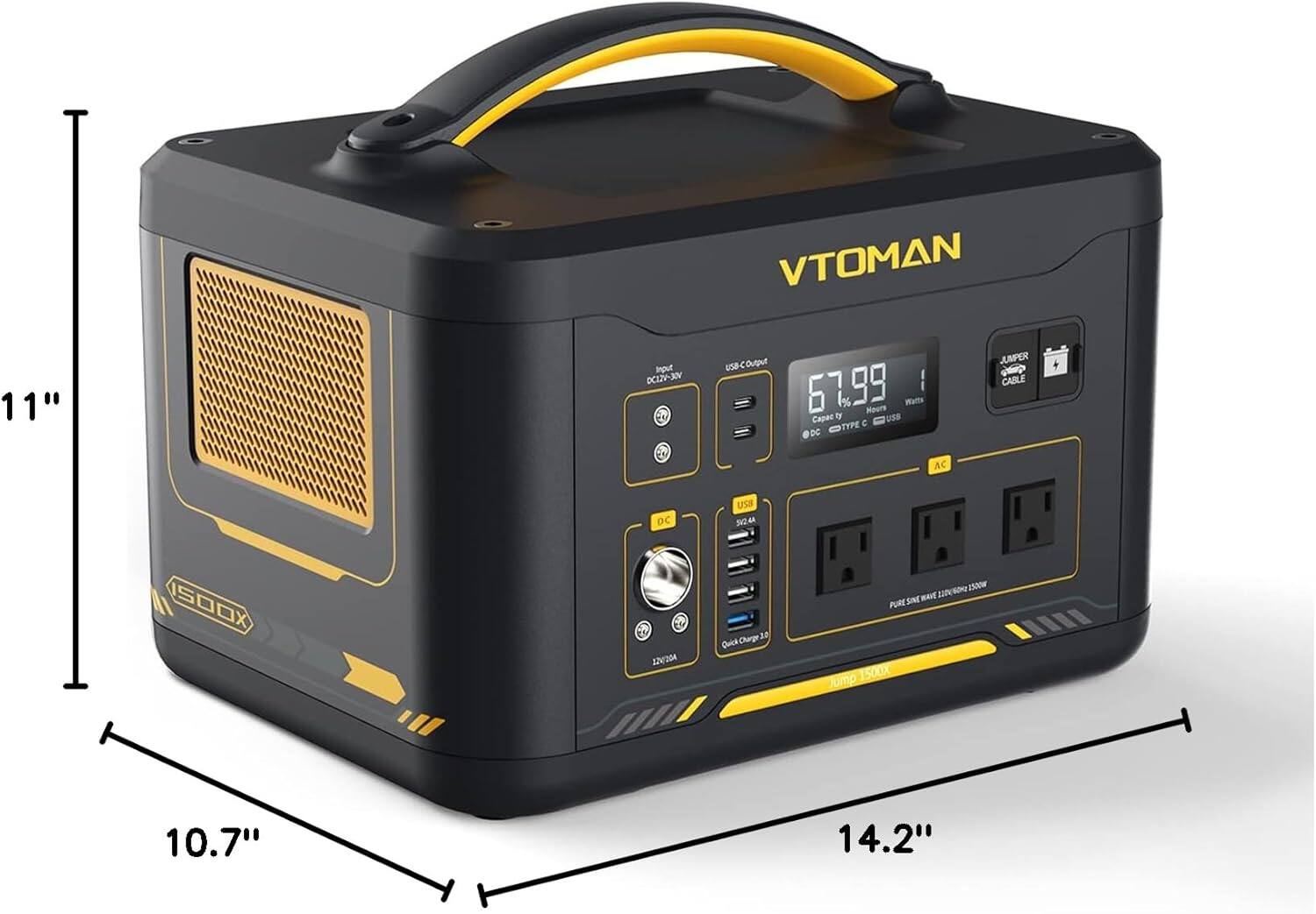 VTOMAN 11"  
DC12V  
2000mAh  
Output: 67.99 Wh  
1%  
Mours Watts  
Capable by USB TYPE C  
DC AC JUMPER CABLE  
DC USB  
N24  
1500X  
R A2DA  
Qois  
Ourg20  
1500m  
MAVE  
ZN  
PURE SINE  
Jump 1500x  
10.7"  
14.2"