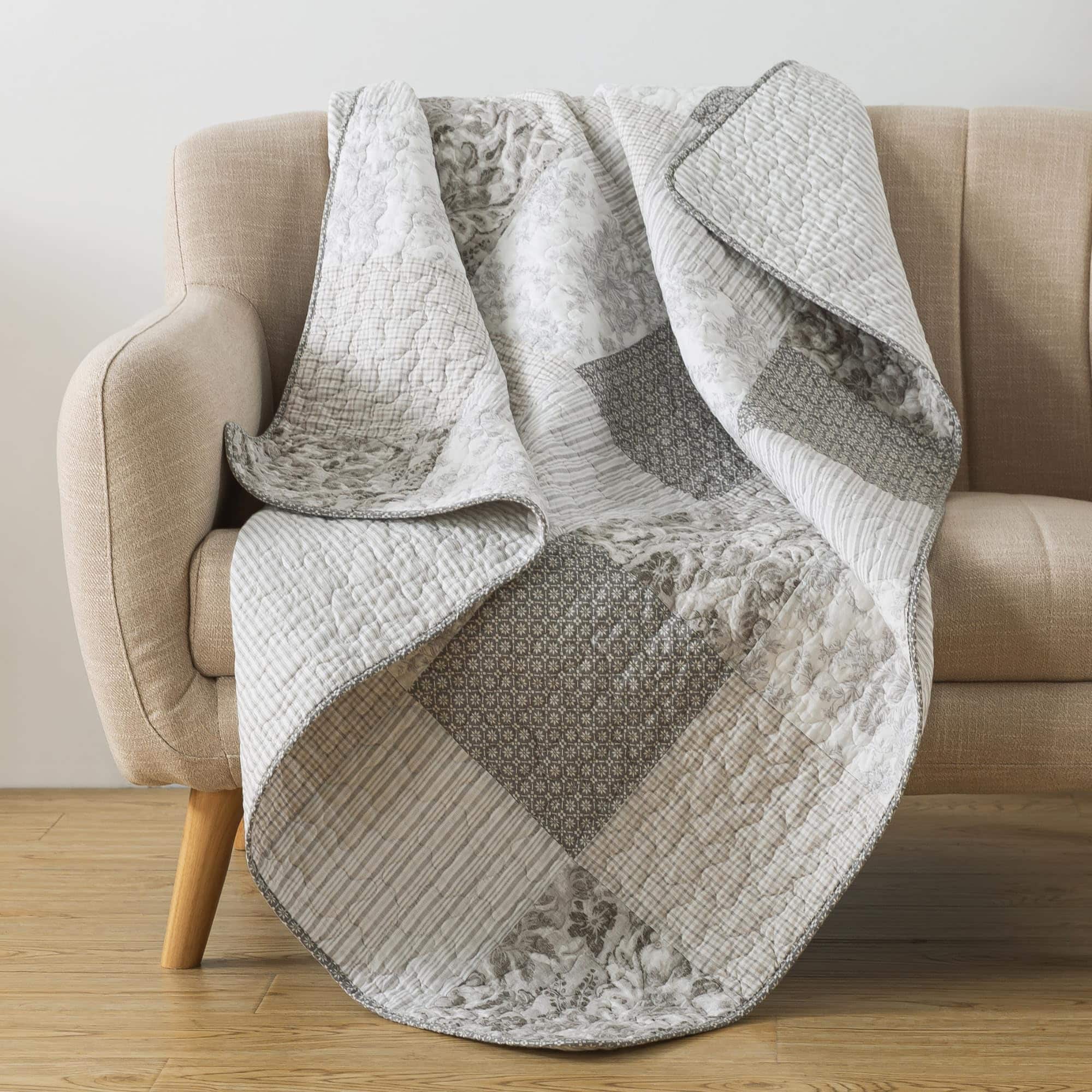 Paradigms Interiors - Cotton Quilted Throw Blanket 50 X 60 Floral Farmhouse Patchwork Quilt Shabby Chic Lap For Couch Walk In The - Silver Linings-50" x 60"