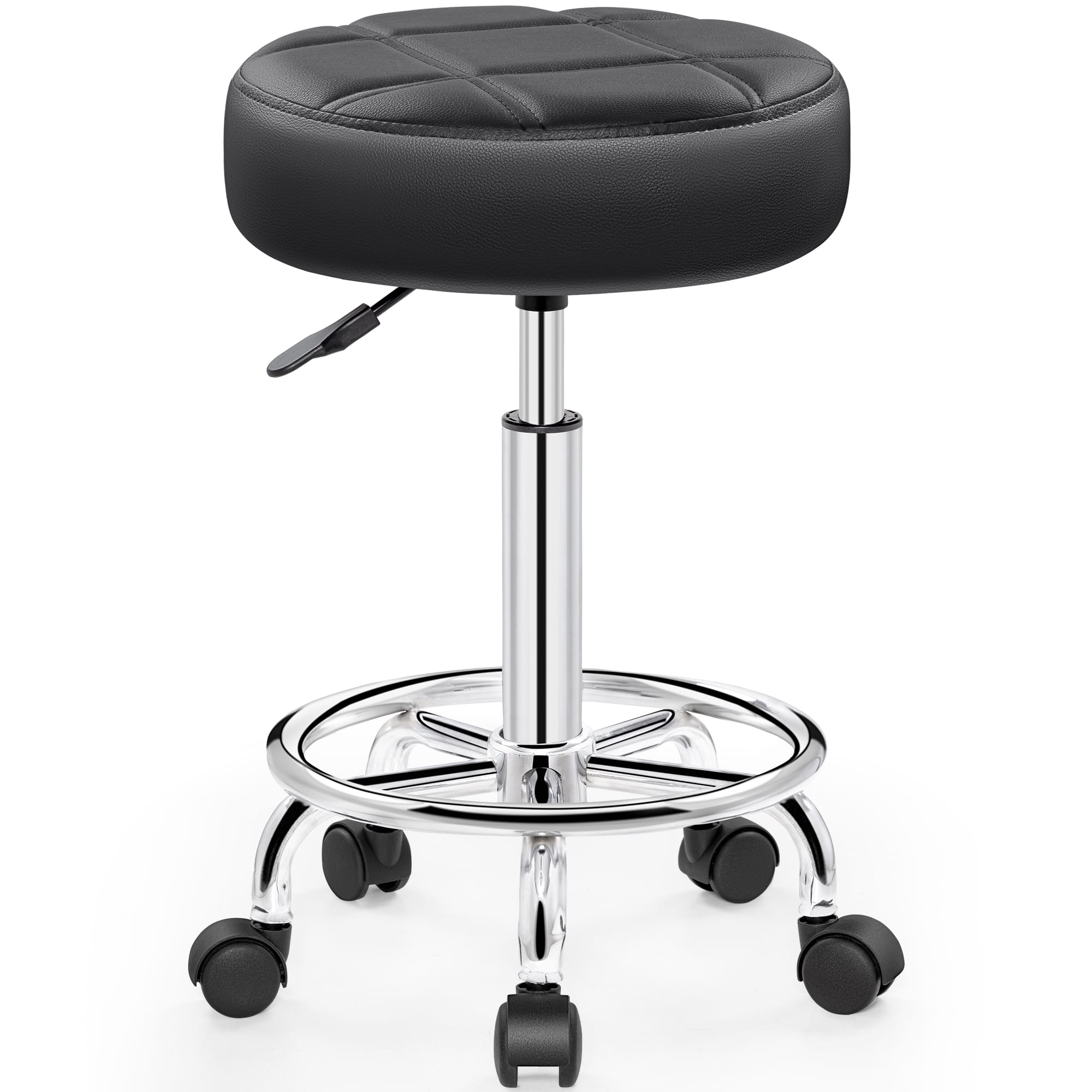 Brick Attic - Rolling Stool with Wheels,PU Leather Small Office Chair with Foot Rest,Versatile Adjustable Swivel Stool for Office Home - Black