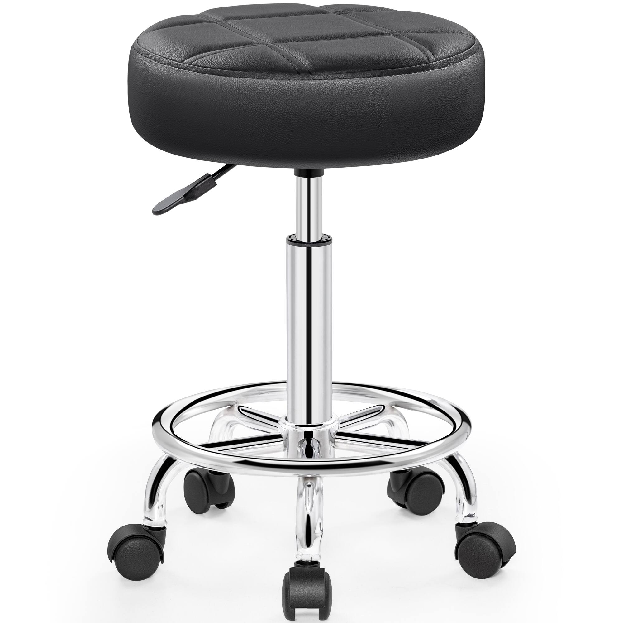KERDOM - Versatile Rolling Stool Adjustable Height PU Leather Swivel Small Office Chair without Back for Drawing Tattoo Salon Lab - Black