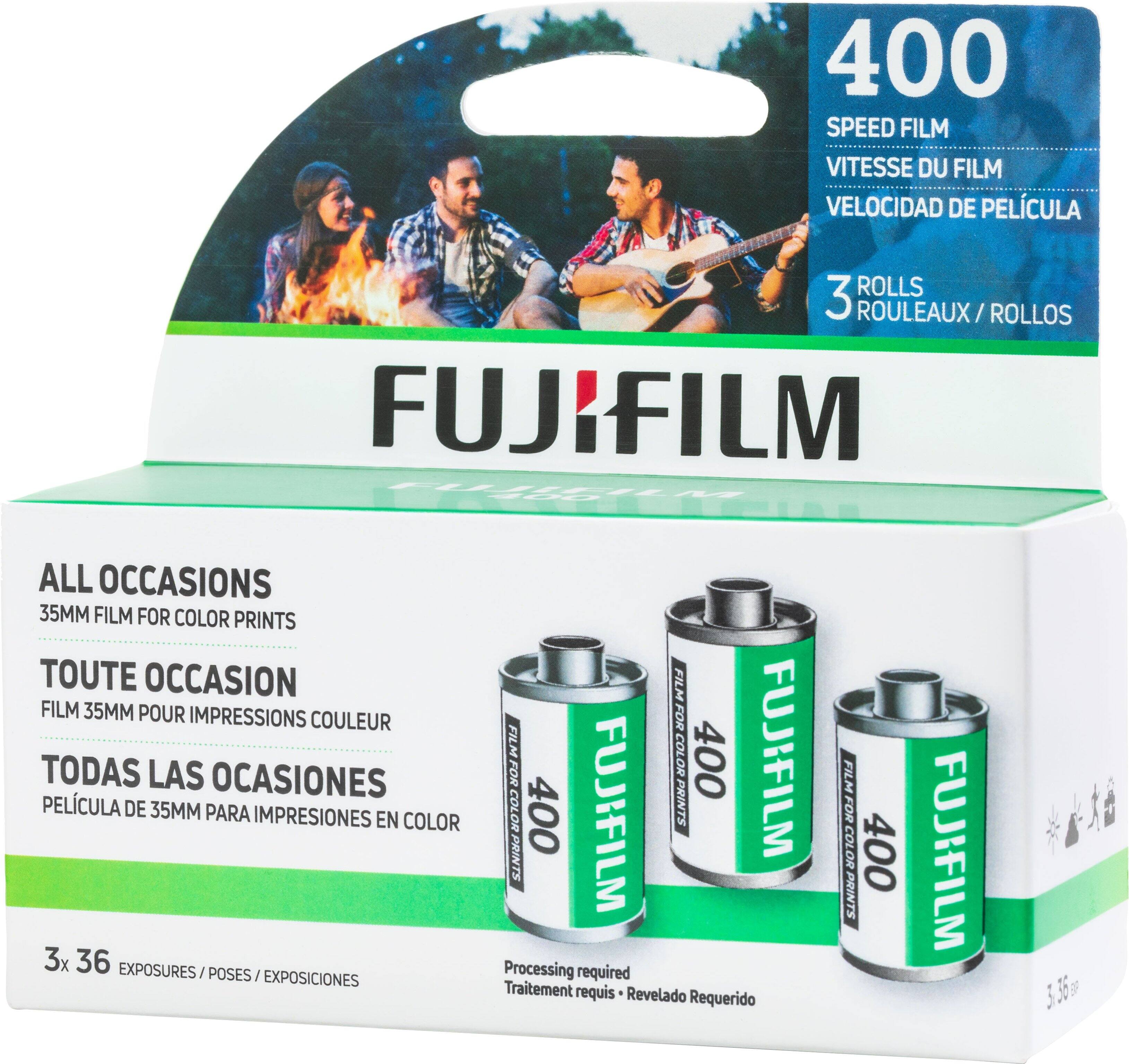 400 SPEED FILM  
VITESSE DU FILM  
VELOCIDAD DE PELÍCULA  

3 ROLLS / ROULEAUX / ROLLOS  

FUJIFILM  

ALL OCCASIONS  
35MM FILM FOR COLOR PRINTS  
TOUTE OCCASION  
FILM 35MM POUR IMPRESSIONS COULEUR  
TODAS LAS OCASIONES  
PELÍCULA DE 35MM PARA IMPRESIONES EN COLOR  

3x 36 EXPOSURES / POSES / EXPOSICIONES  

Processing required  
Traitement requis  
Revelado Requerido  

FILM FOR COLOR PRINTS  
400 FUJIFILM