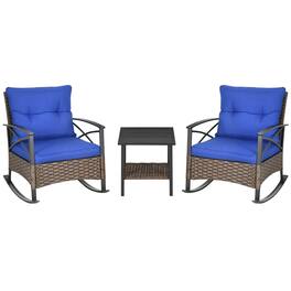 Outsunny - 3 Piece Patio Rocking Chair Set, Outdoor Wicker Bistro Set with 2 Oversize Cushioned Porch Rockers and Coffee Table - Blue
