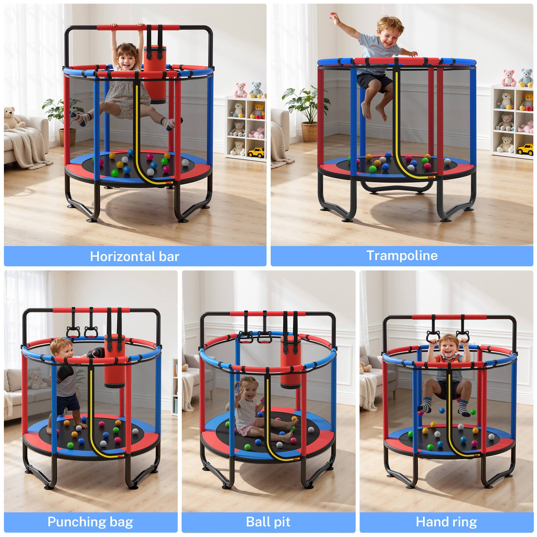 Horizontal bar  
Trampoline  
Punching bag  
Ball pit  
Hand ring