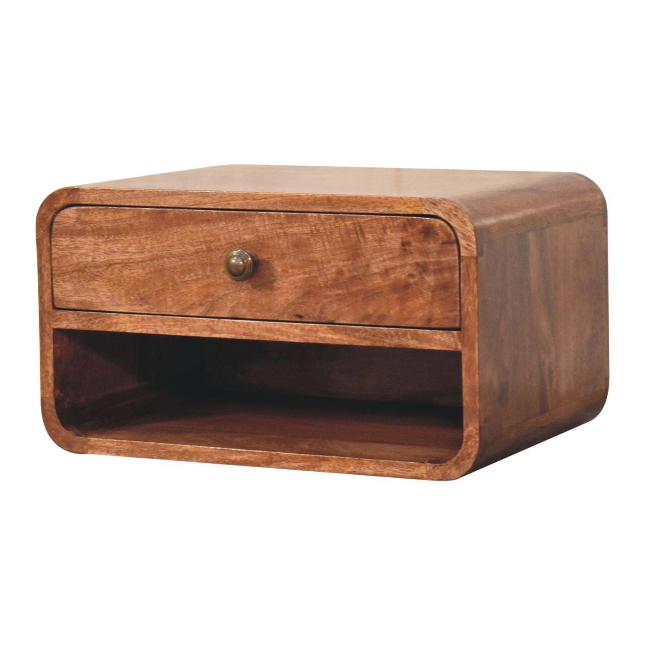 Left. Artisan Furniture - Artisan Furniture Solid Wood Curved Honey Caramel Wall Mounted Bedside with Open Slot - Brown.