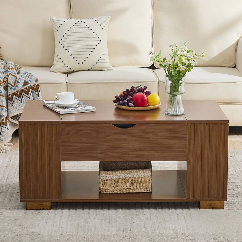 Alt View 2. Skyzoo - Skyzoo Lift Top Coffee Table with Hidden Compartment & 5 Open Storage Shelves for Living Room - Walnut.