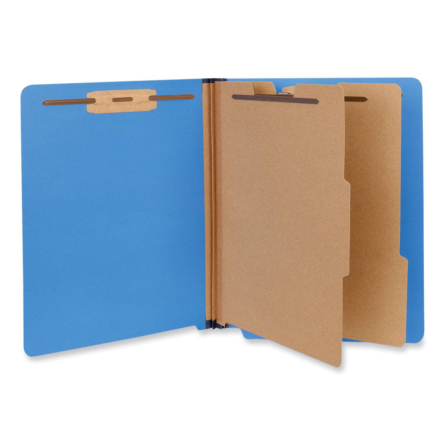 Angle. Universal - Deluxe Six-Section Pressboard End Tab Classification Folders, 2 Dividers, 6 Fasteners, Letter Size, Cobalt Blue, 10/Box.