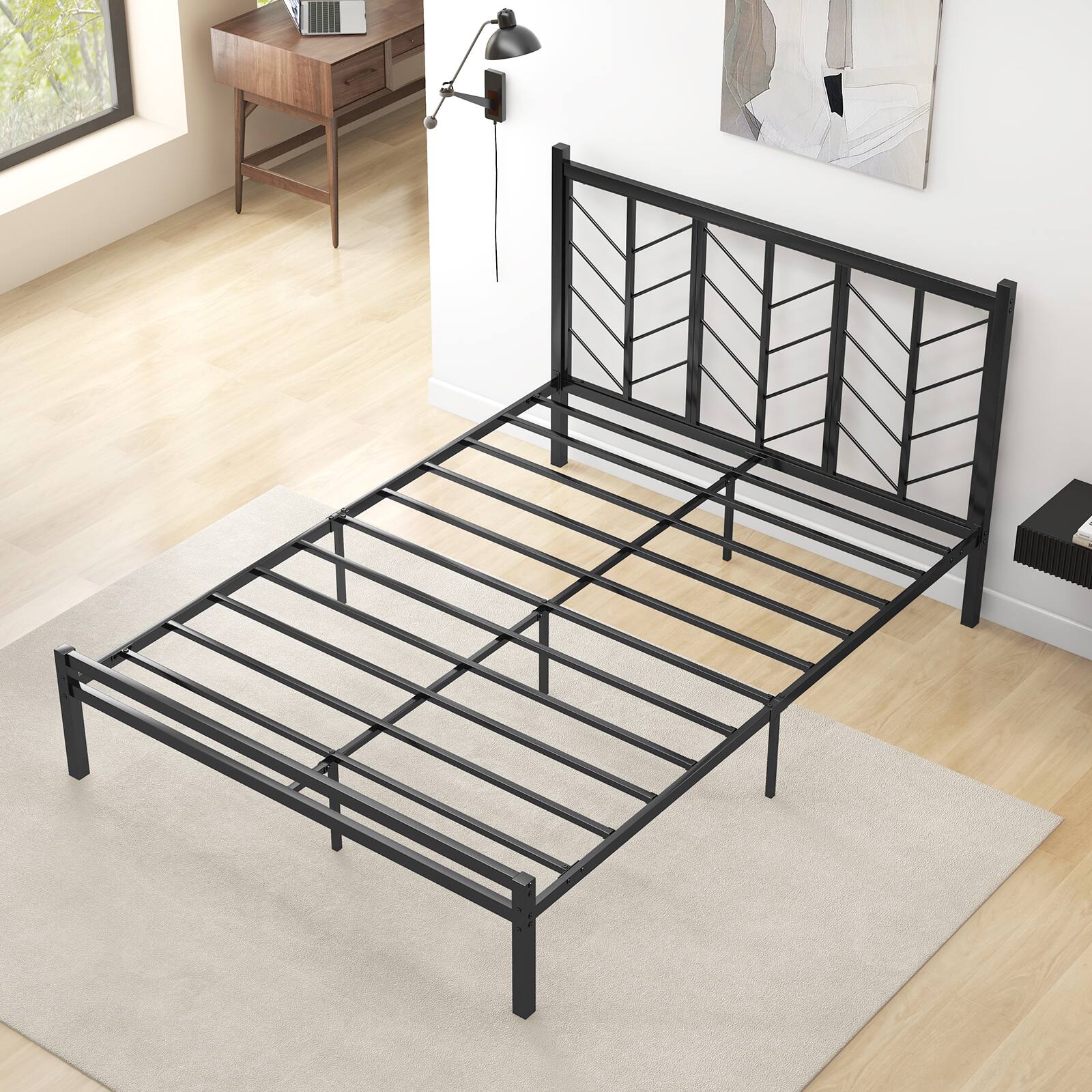 Back. Sugift - Queen Size Platform Bed with Headboard and Metal Frame-Queen Size - Black.
