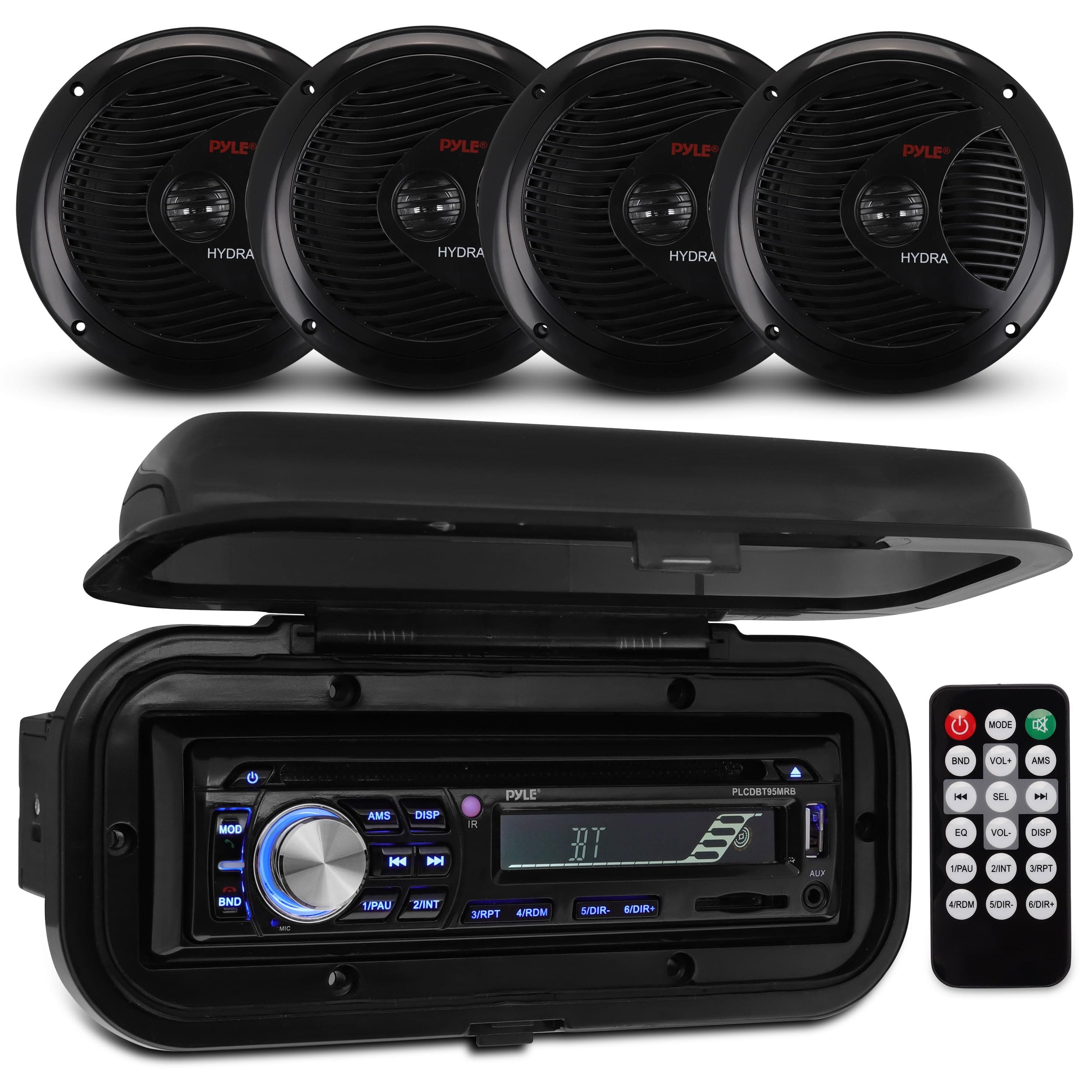 Pyle - PLCDBT95MRB Wireless Bluetooth Marine Stereo Kit, Single DIN, 6.5” Waterproof Speakers, CD/MP3/AM/FM Radio