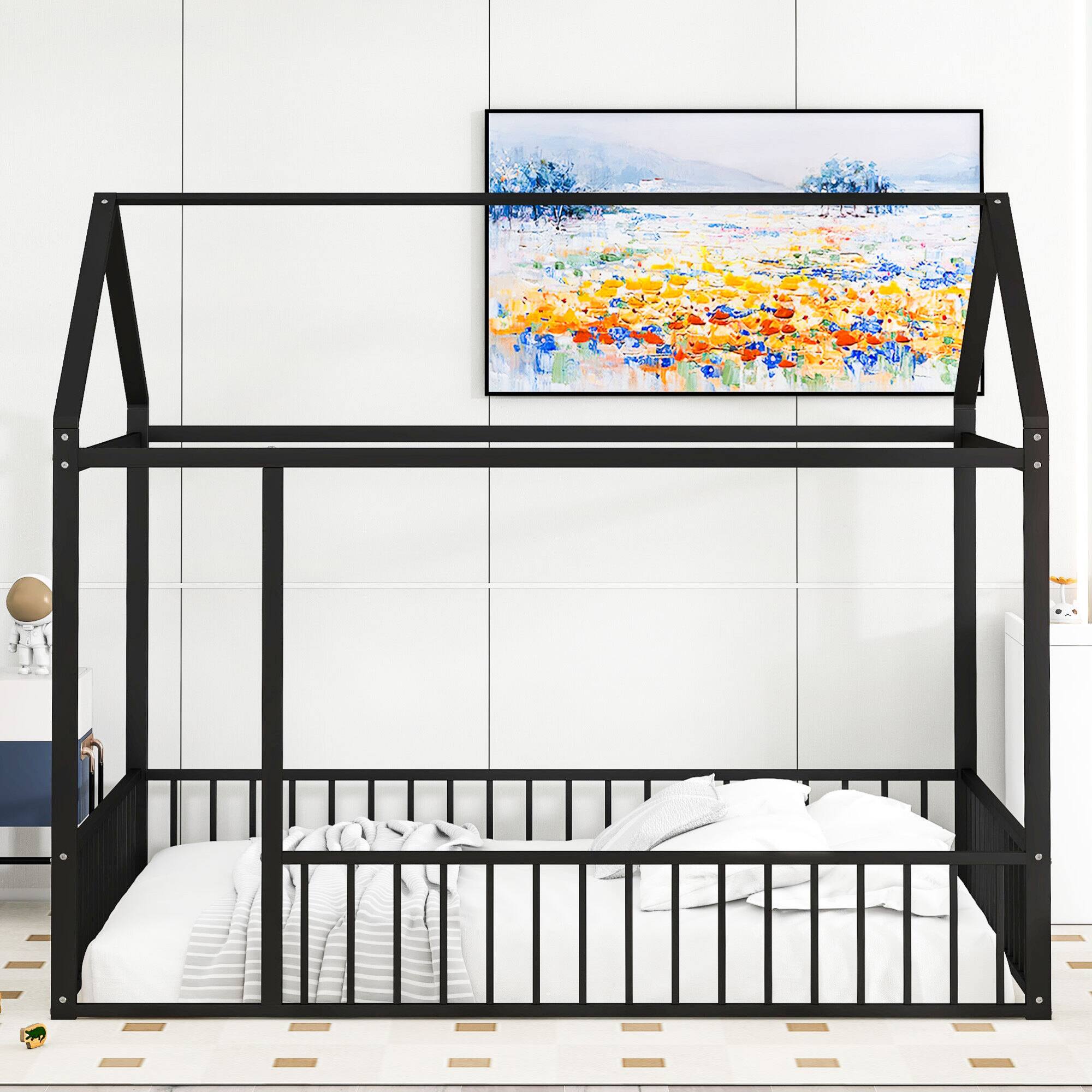 Angle. GOODSILO - Full Size Metal House Bed Frame with Playhouse Design for Kids and Teens - Black.