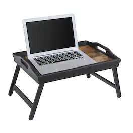 Songmics Home - Bed Tray Table with Bamboo Folding Legs, Sofa Breakfast Tray, Serving Tray with Groove for Phone Tablet - Rustic Dark Brown