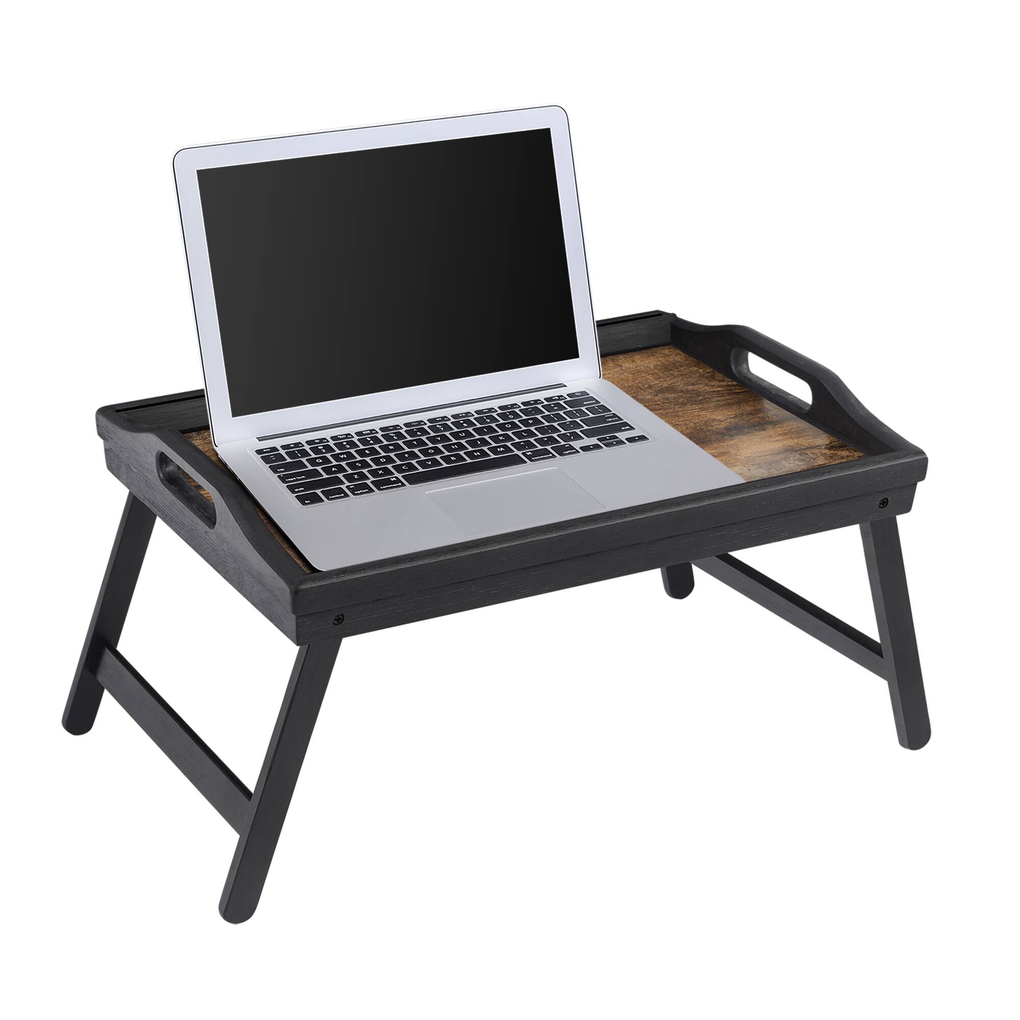 Front. Songmics Home - Bed Tray Table with Bamboo Folding Legs, Sofa Breakfast Tray, Serving Tray with Groove for Phone Tablet - Rustic Dark Brown.