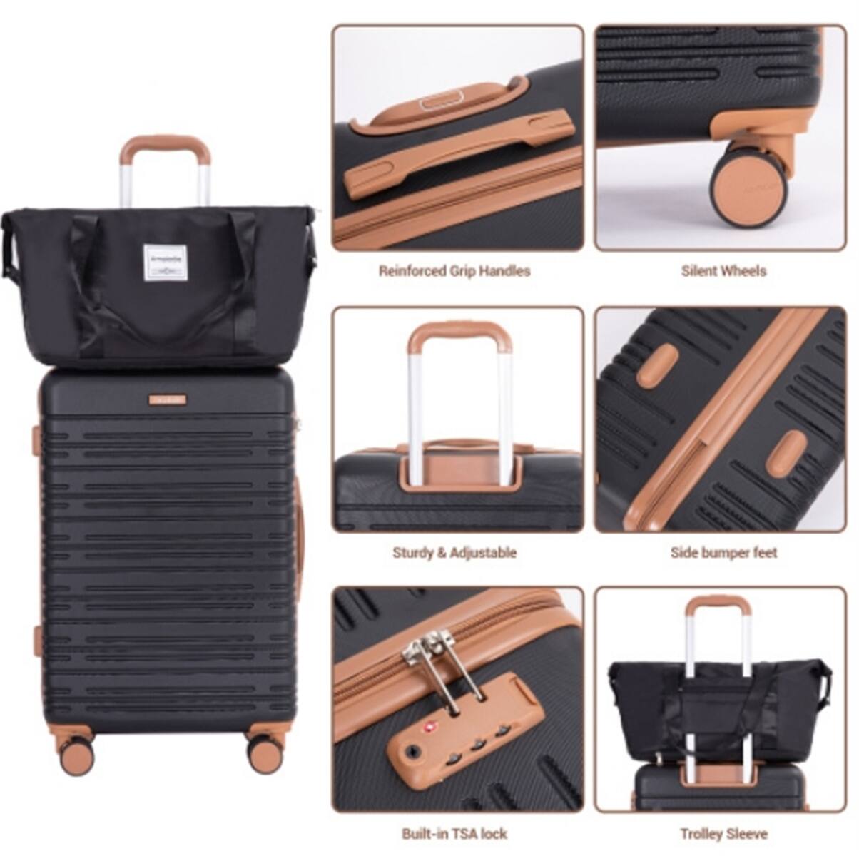 - Reinforced Grip Handles
- Silent Wheels
- Sturdy & Adjustable
- Side bumper feet
- Built-in TSA lock
- Trolley Sleeve