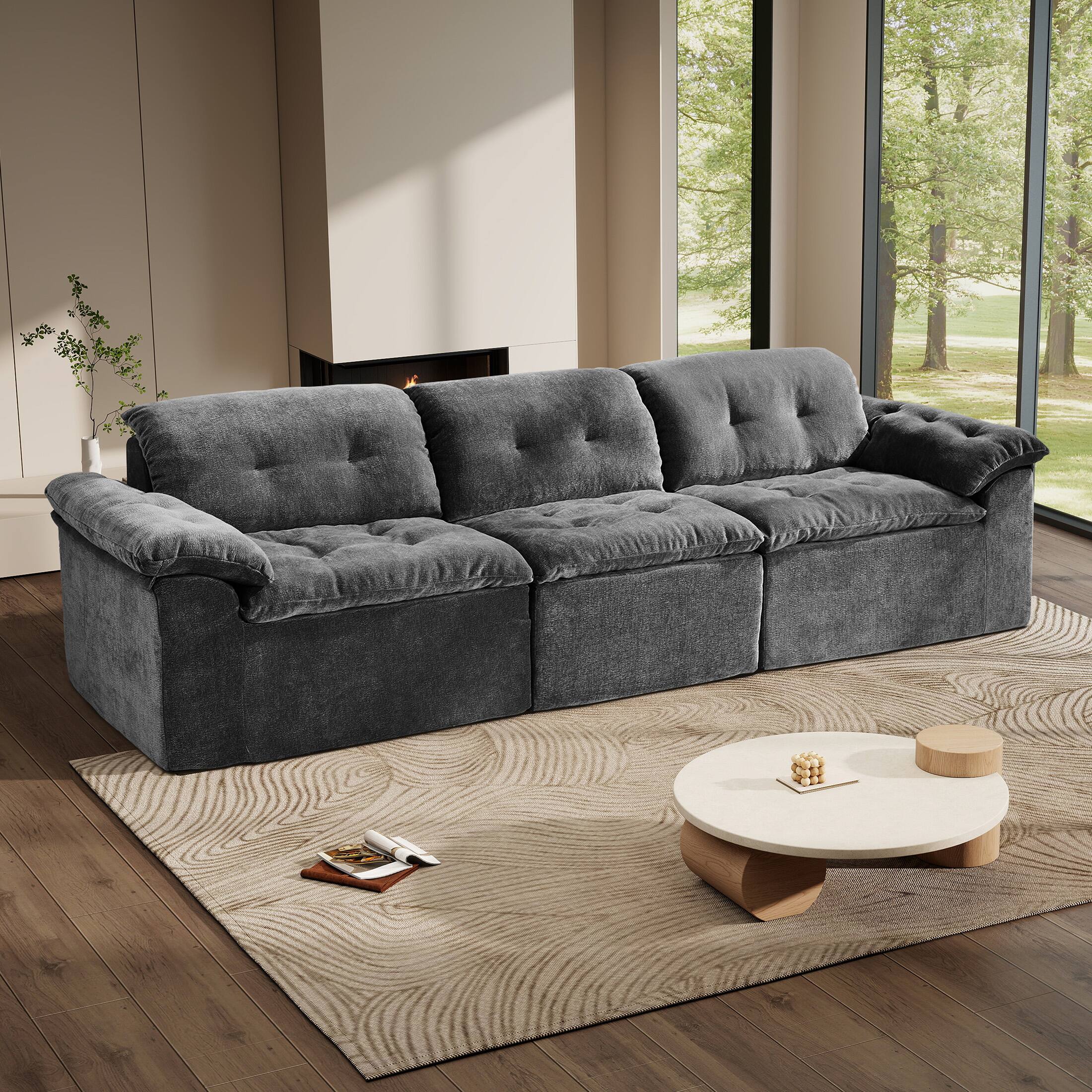 Angle. Anysun - 118" Modern Oversized Modular Sectional Sofa – 3-Seater Ice Flower Chenille Boneless with Memory Foam, Cloud Design - Dark Gray.