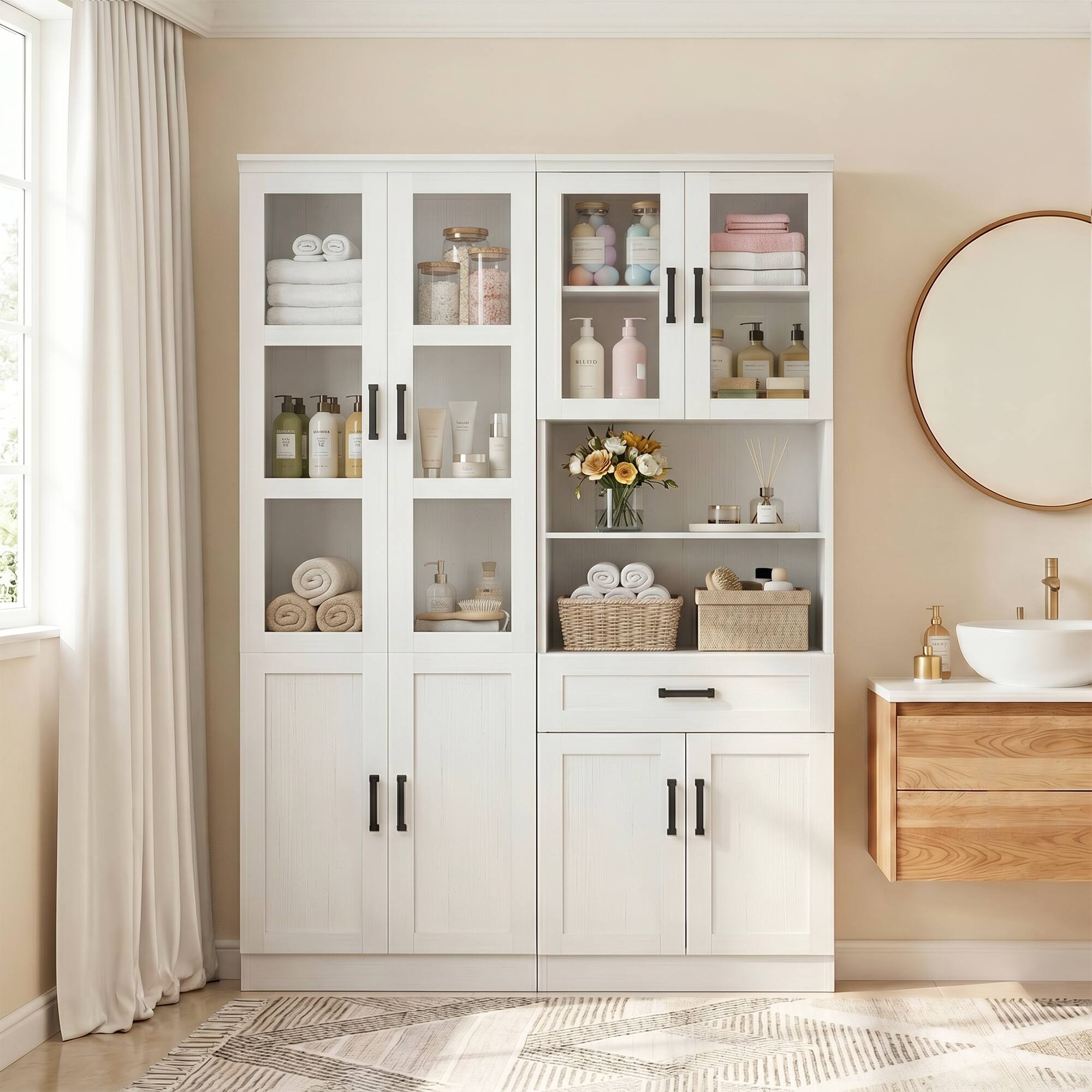 Alt View 1. Aheaplus - 47.2'' Width Pantry Cabinet, 80'' Tall Food Cupboard with Drawer, Adjustable Shelves, and Glass Doors, 2 Packs - Off White.