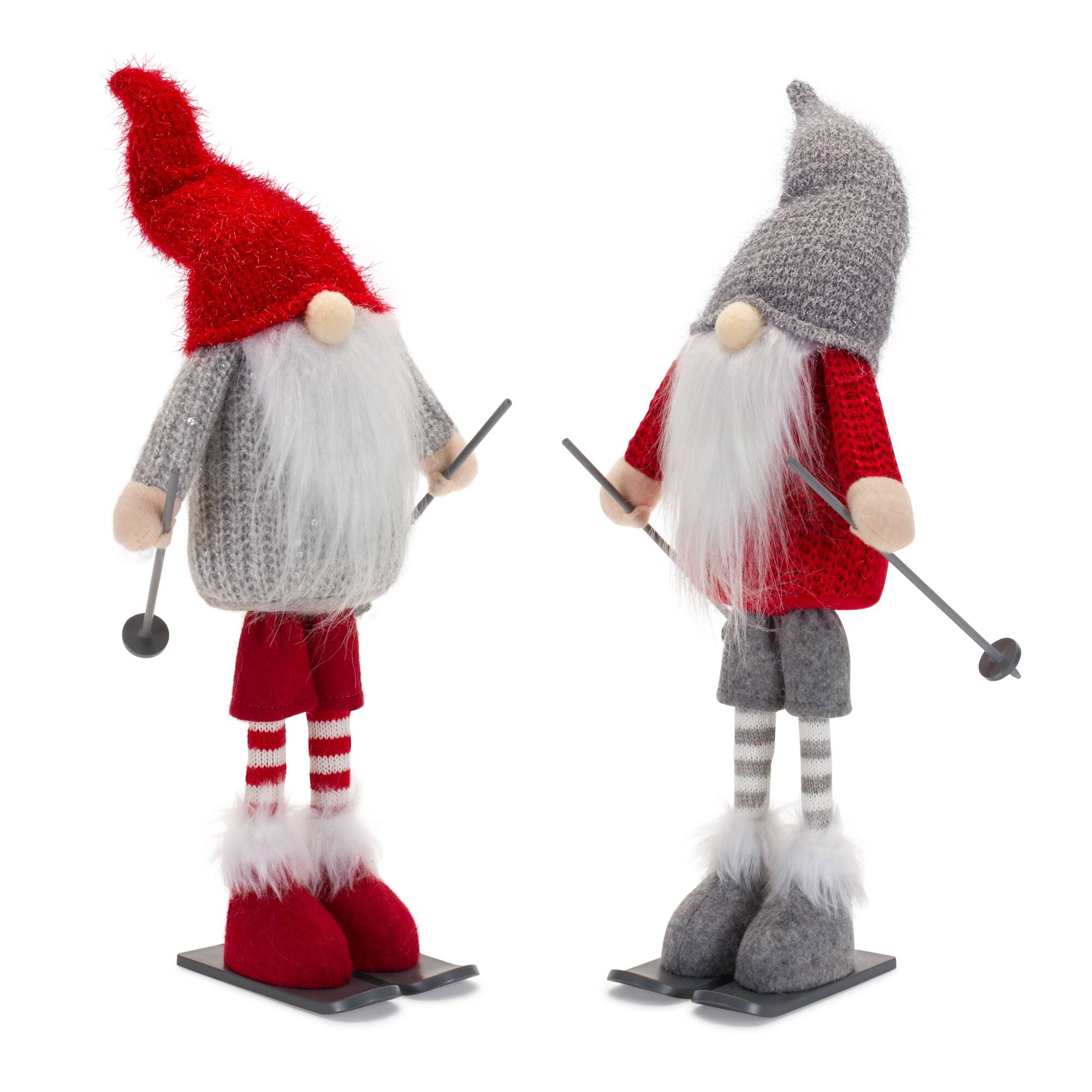 Left. BreeBe - Plush Standing Gnome Skier (Set of 6) - Grey, Red, White.