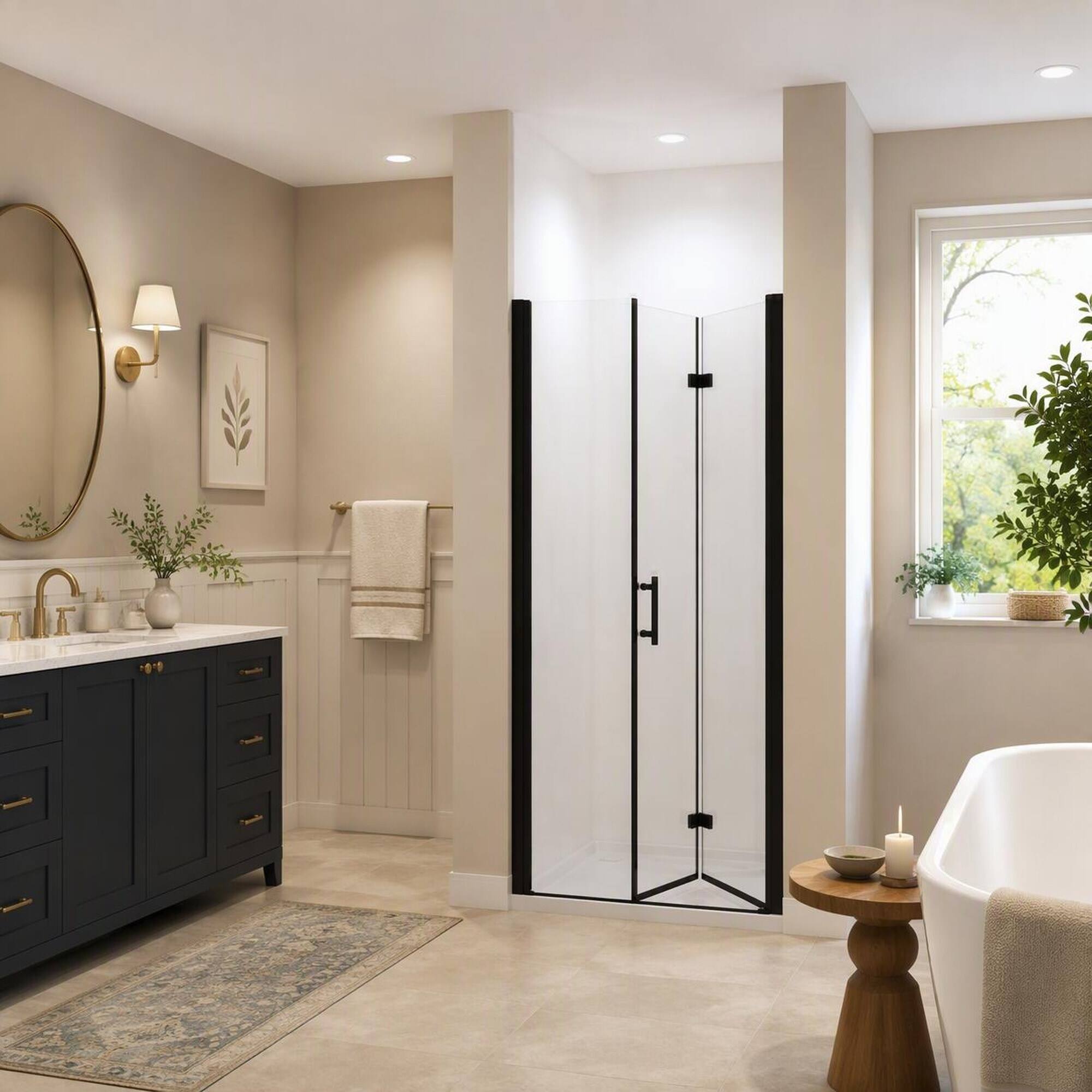 Back. RYHNUYNE - 28-29 In X 72 In Bifold Shower Door, 1/4 In Clear Tempered Glass Matte Black Finish - Matte Black.