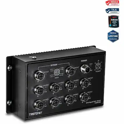 NDAA Compliant
TAA Compliant
167°F Extreme Operating -40°F
TRENDNET LIFETIME PROTECTION
BYPASS
2:00-2:00 4:00 1:00
LNK/ACT 5.00 0C
6:00-7:00 DATA 9
LNK/ACT PoE PoE 6 5
LNK/ACT PoE PoE 2 1
TRENDNET 10 7 3
POWER PW1
LNK/ACT LNK/ACT PoE PoE+
Switch 4 M12 Gigabit
TXPG102