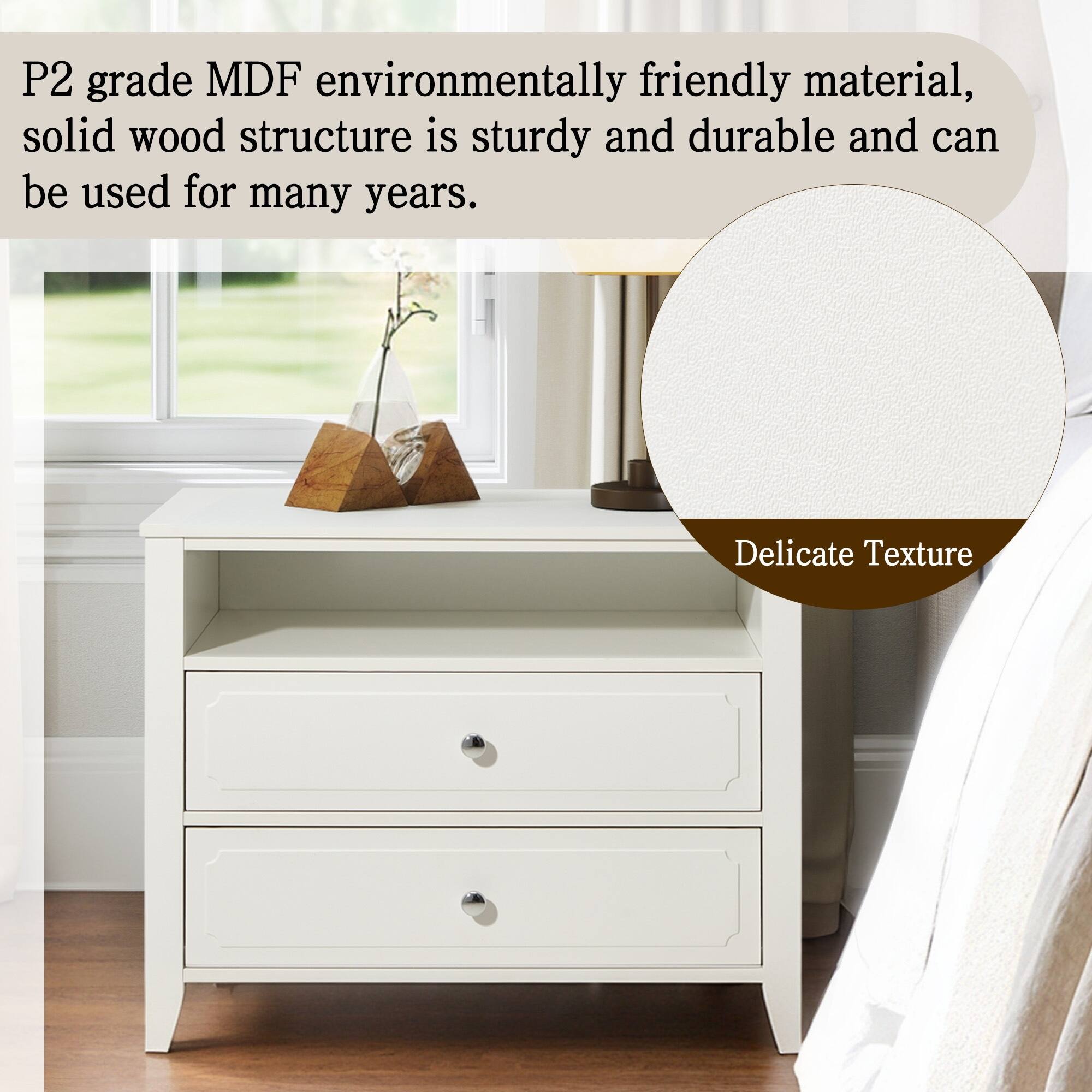 Back. U-HOMY - Modern 2-Drawer Nightstand with Open Shelf, Wide Bedside Table with Solid Wood Legs for Bedroom Storage - White.