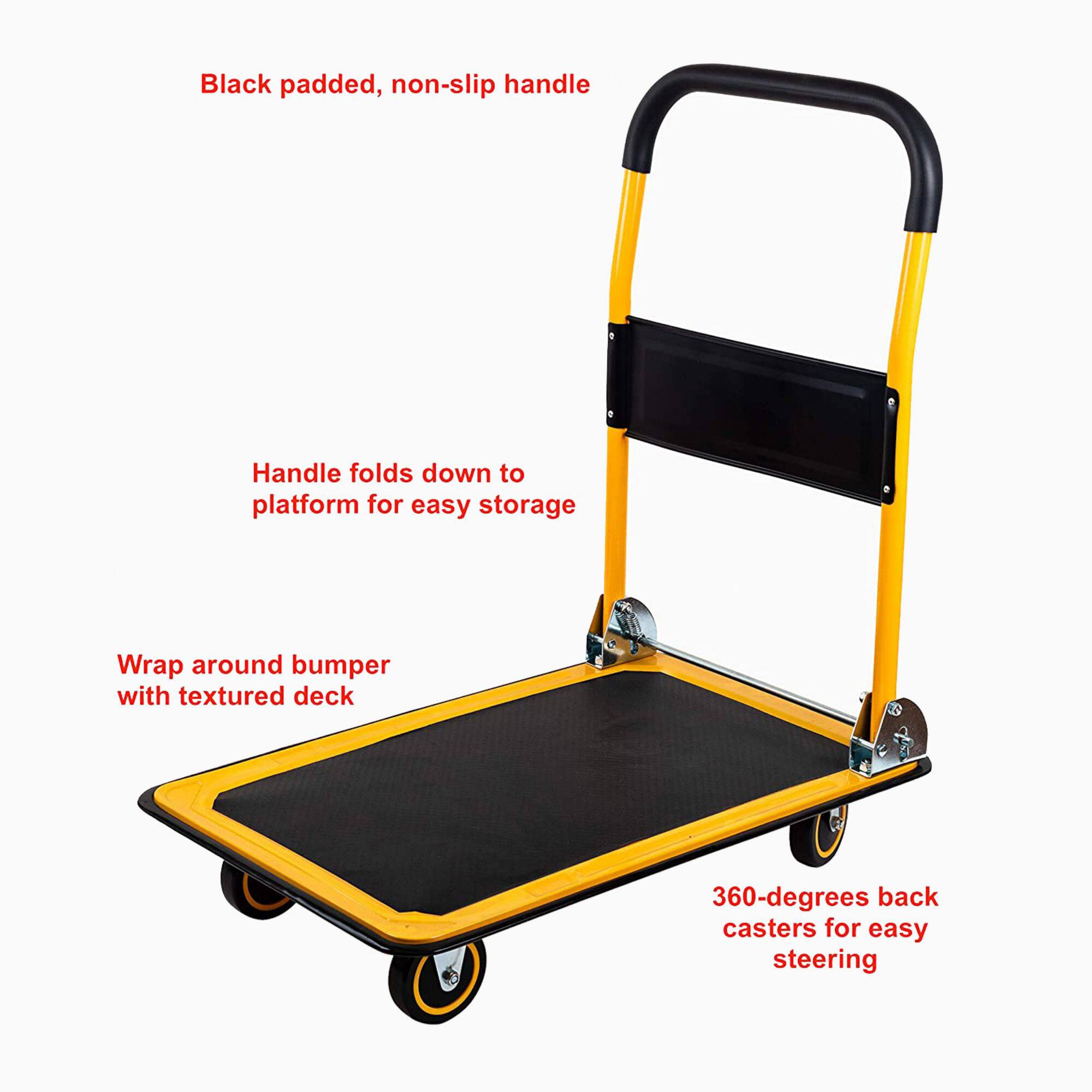 - Black padded, non-slip handle
- Handle folds down to platform for easy storage
- Wrap around bumper with textured deck
- 360-degrees back casters for easy steering