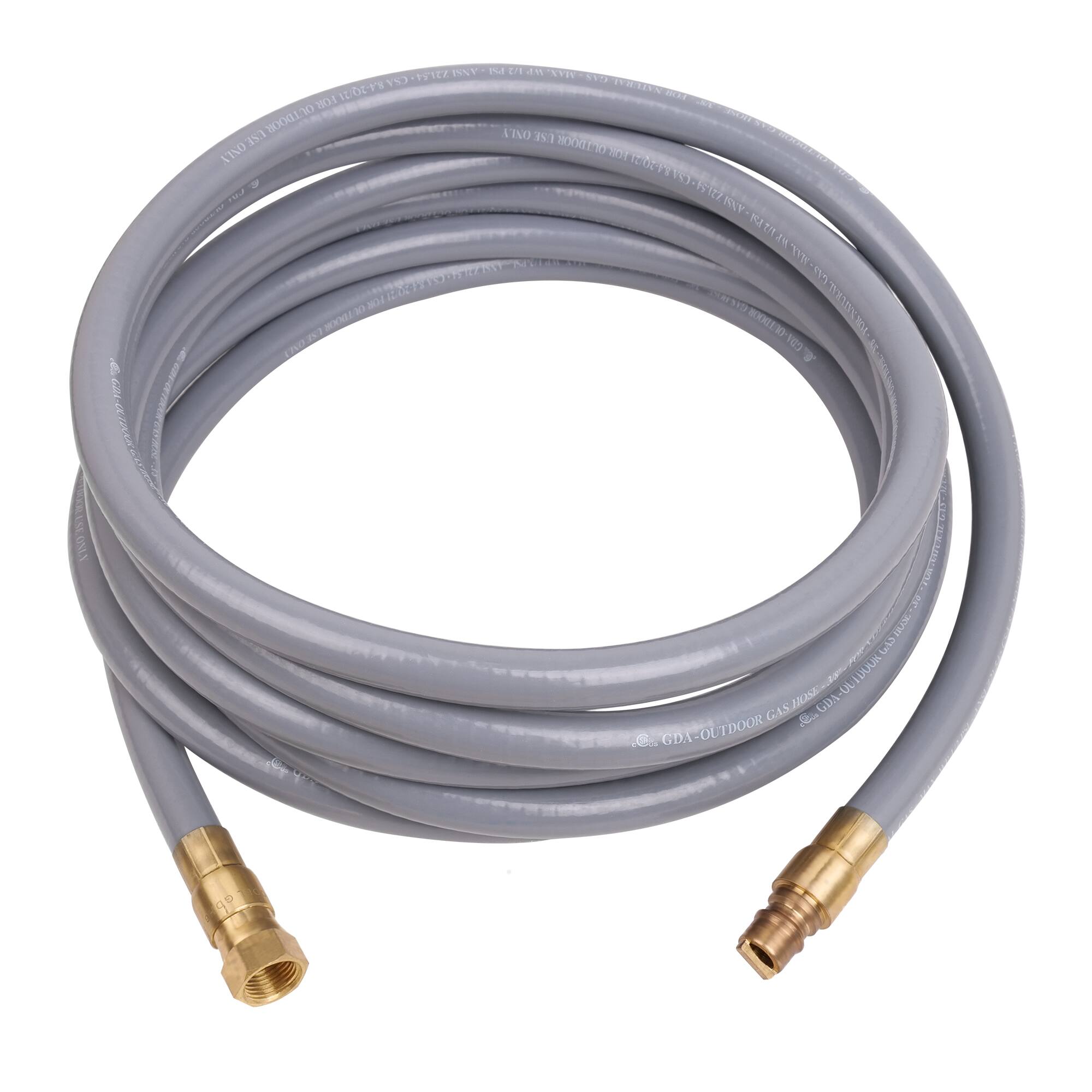 The image shows a long grey hose with two gold ends. The hose is likely used for outdoor gas purposes.