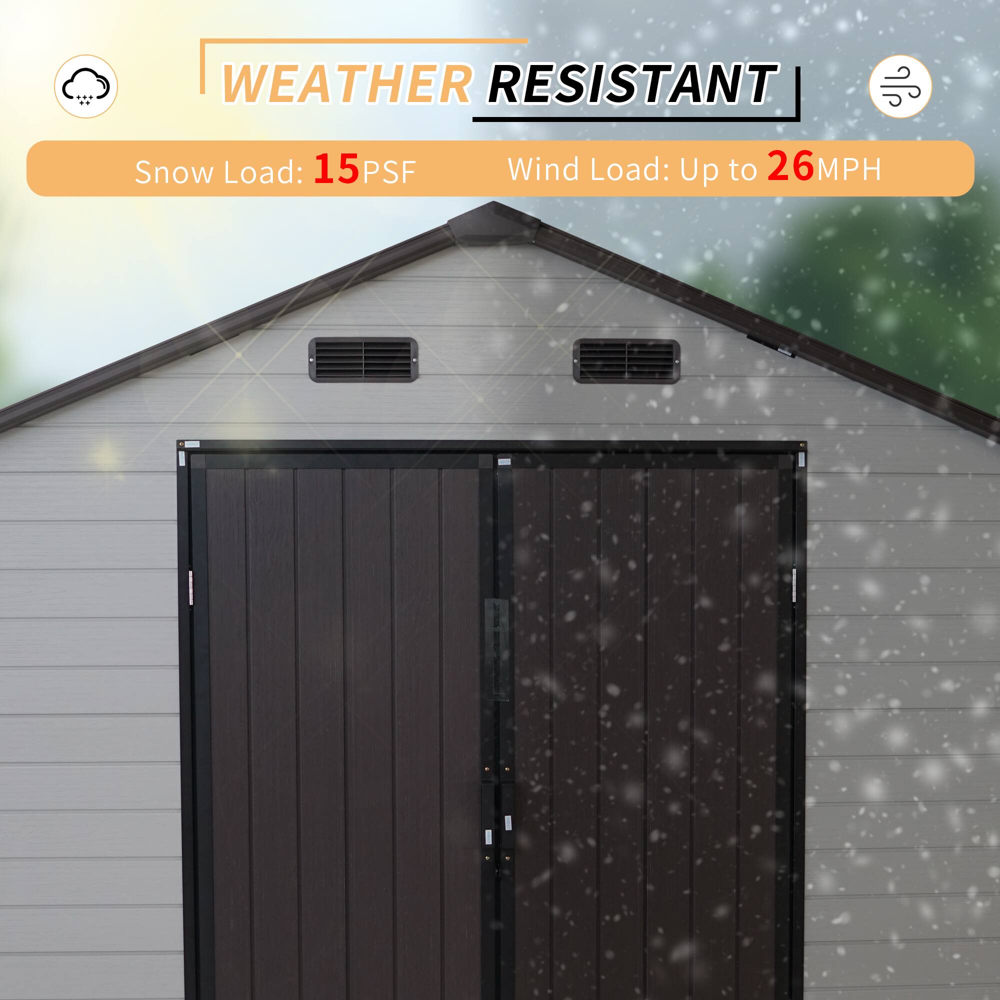 Back. Mondawe - 8x8FT Outdoor Resin Storage Shed with Windows, Strong Aluminum Frame & Floor - Antique Brown+White.
