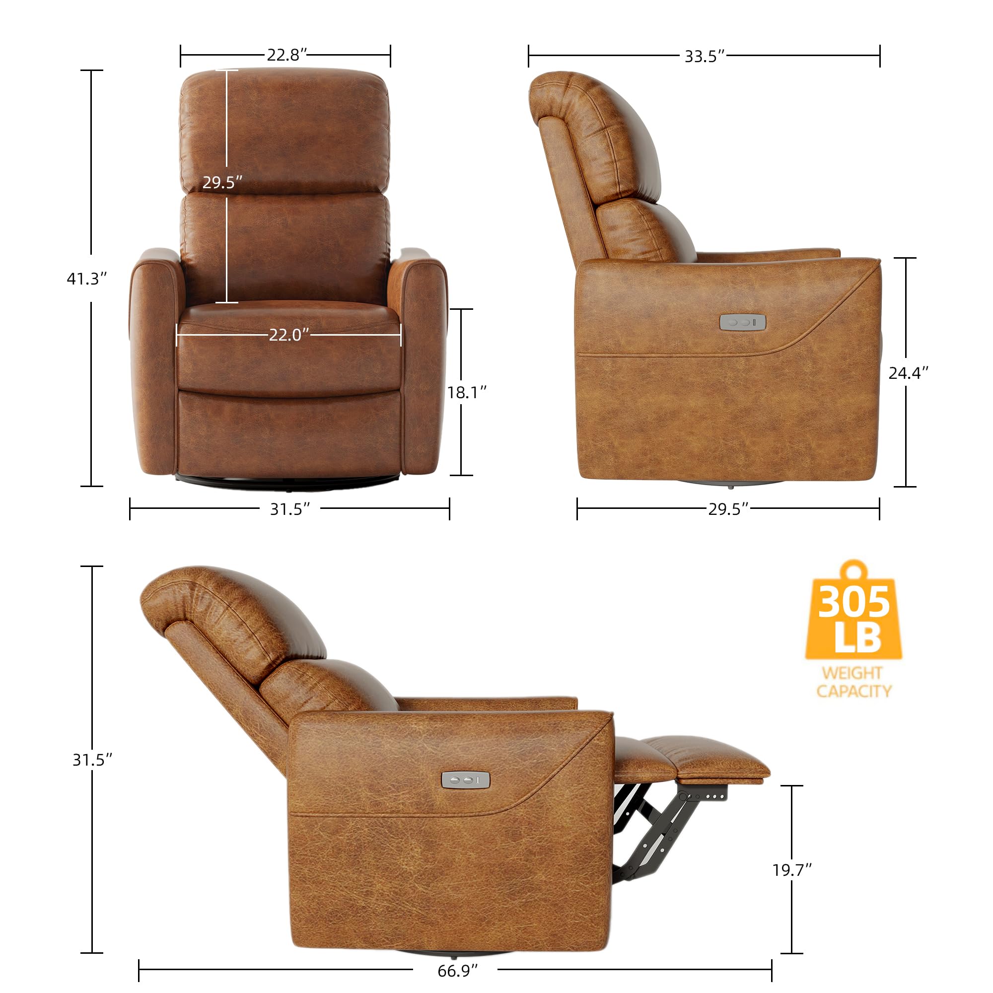 - Width: 33.5"
- Height: 41.3"
- Depth: 31.5"
- Seat Height: 18.1"
- Seat Depth: 22.0"
- Back Height: 29.5"
- Armrest Height: 22.8"
- Side to Side: 29.5"
- Reclined Length: 66.9"
- Reclined Height: 31.5"
- Weight Capacity: 305 LB