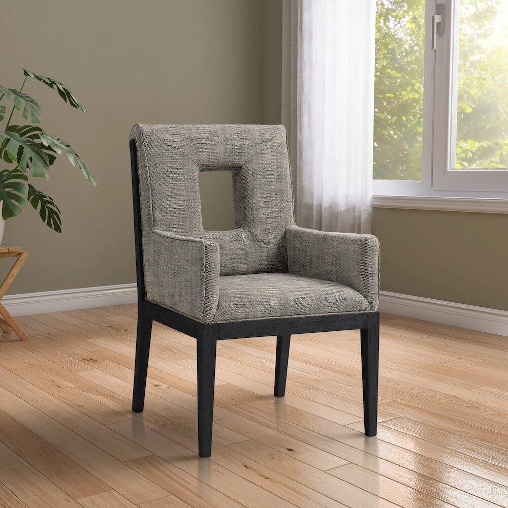 Alt View 1. Meridian Furniture - Gwendolyn Grey Linen Textured Fabric Dining Arm Chair - Grey.