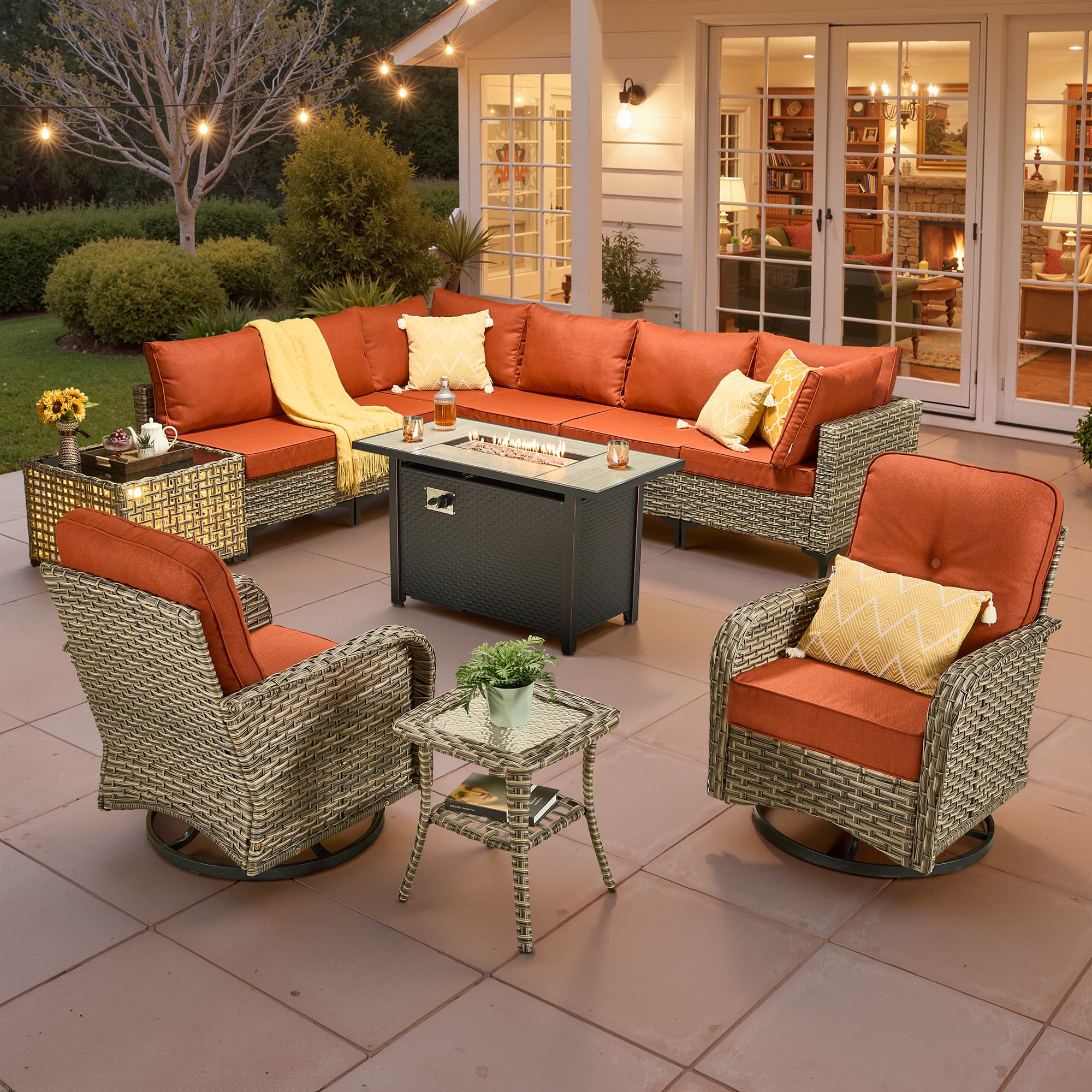 Ovios - 11 PCS Patio Furniture Set Sectional Sofa with Swivel Chair, Coffee Table & 42" Fire Pit Table - Coarse Orange Red