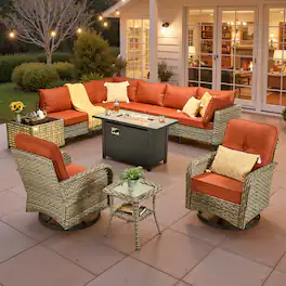 Ovios - 11 PCS Patio Furniture Set Sectional Sofa with Swivel Chair, Coffee Table & 42" Fire Pit Table - Coarse Orange Red