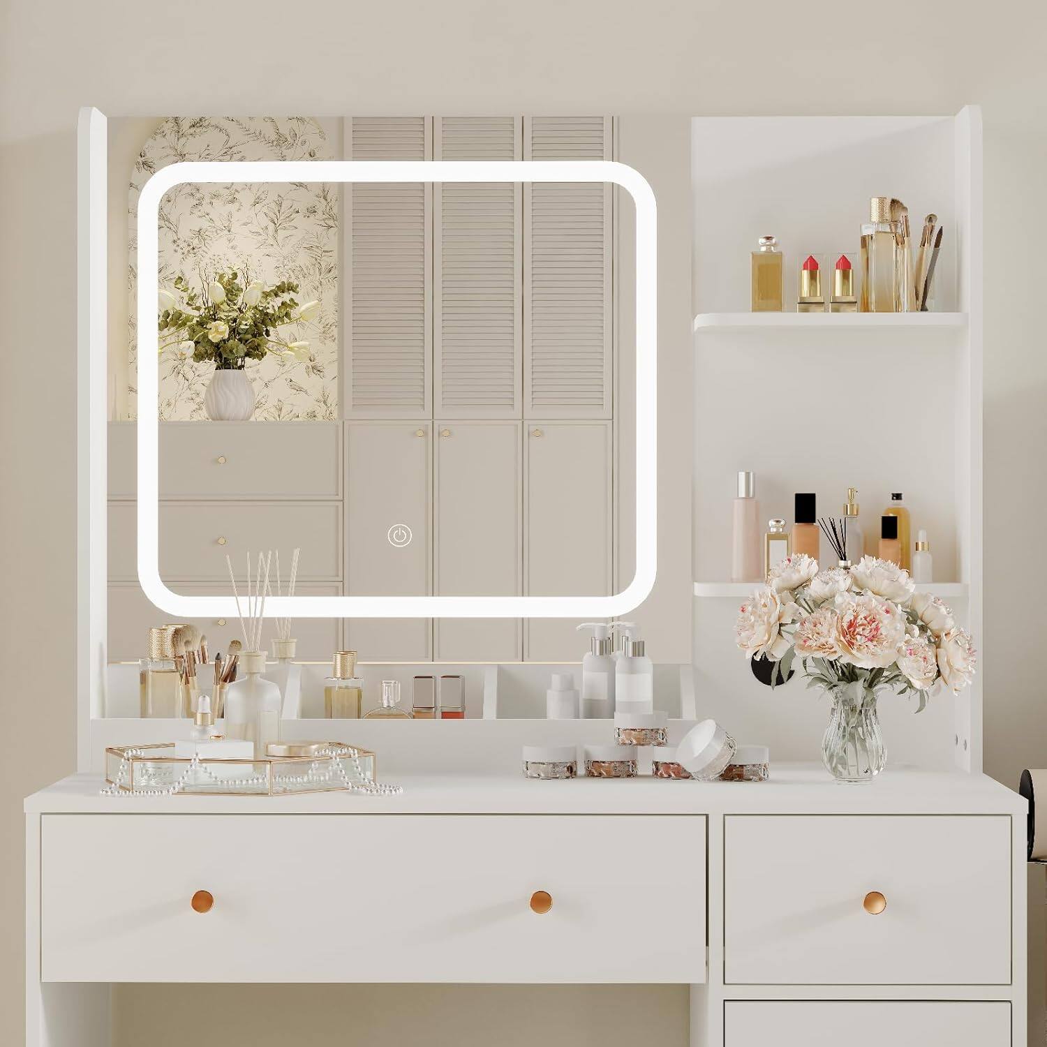 Back. GARVEE - Vanity Desk with Mirror & LED Lights, Power Outlet, Storage Drawers, Shelves, Cabinet, Chair, 3 Lighting Modes, White - white.