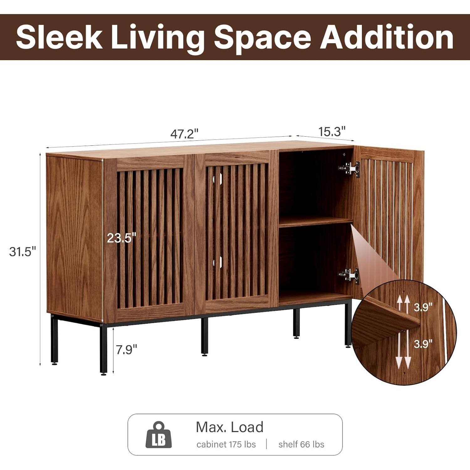 Sleek Living Space Addition

Dimensions:
- Width: 47.2"
- Depth: 15.3"
- Height: 31.5"
- Cabinet Height: 23.5"
- Shelf Height: 3.9"
- Shelf Spacing: 3.9"
- Overall Height: 7.9"

Max. Load:
- Cabinet: 175 lbs
- Shelf: 66 lbs