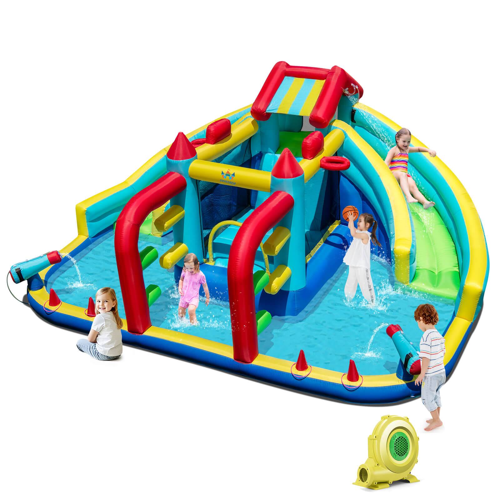Front. Costway - Costway Inflatable Water Park with Climbing Wall Splash Pool Water Cannons 735W Blower - Multicolor.