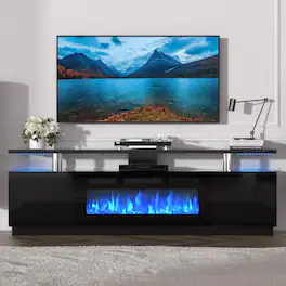 Acekool - 70" Fireplace TV Stand with 36" Electric Fireplace, 12 Colors LED Lights, 750w/1500w Tv Stand with Fireplace - Black