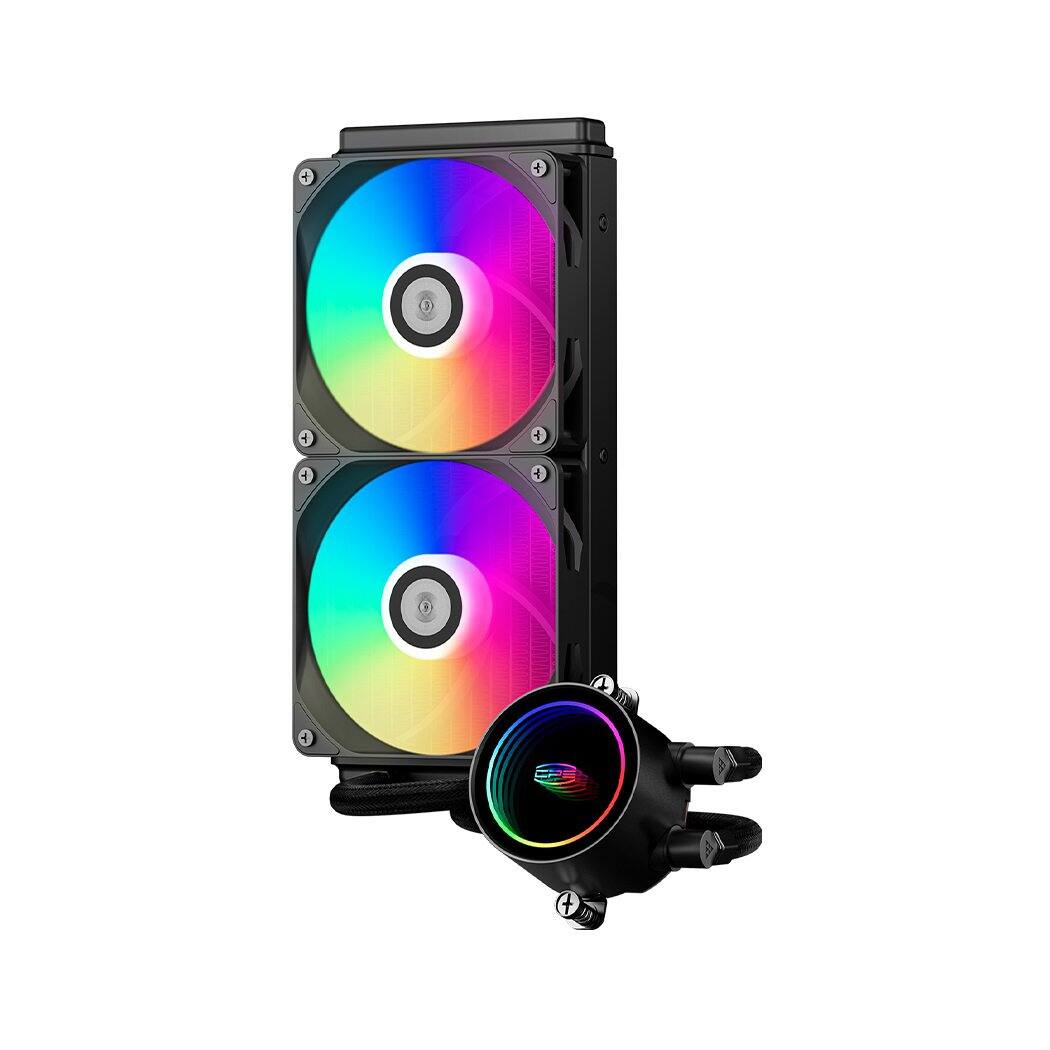 Front. PCCOOLER - DA240 ARGB BK CPU Liquid Cooler with 120mm PWM ARGB FAN - Black.