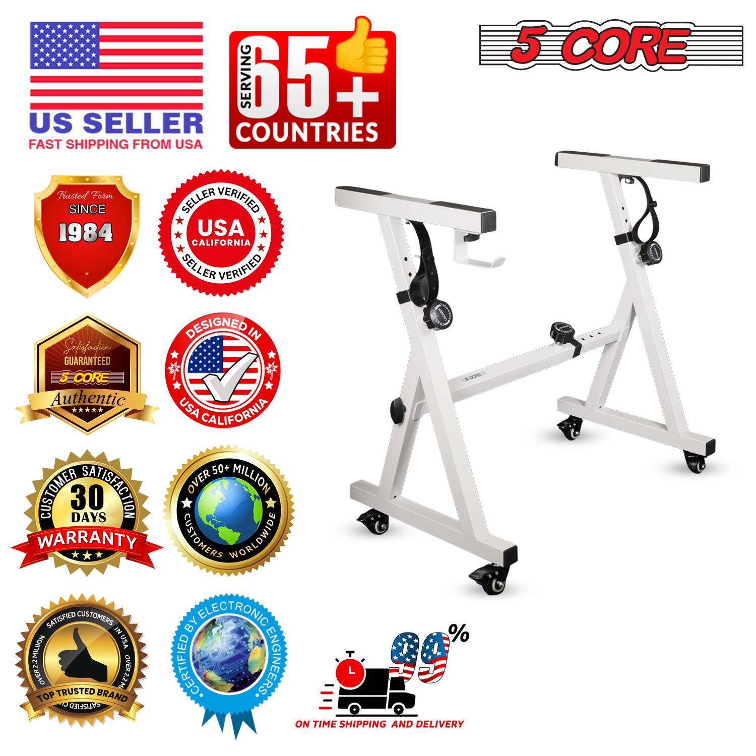 Sure, here is the corrected and grouped text from the image:

---

**US SELLER**  
FAST SHIPPING FROM USA

**SERVING 65+ COUNTRIES**

**5 CORE**

**Trusted Since 1984**

**SELLER VERIFIED**  
USA CALIFORNIA

**DESIGNED IN USA CALIFORNIA**

**SATISFACTION GUARANTEED**  
5 CORE Authentic

**30 DAYS WARRANTY**

**OVER 50+ MILLION CUSTOMERS WORLDWIDE**

**SATISFIED CUSTOMERS**  
CERTIFIED BY ELECTRONIC ENGINEERS

**TOP TRUSTED BRAND**

**ON TIME SHIPPING AND DELIVERY**

---

This text is organized to reflect the key selling points and certifications displayed in the image.