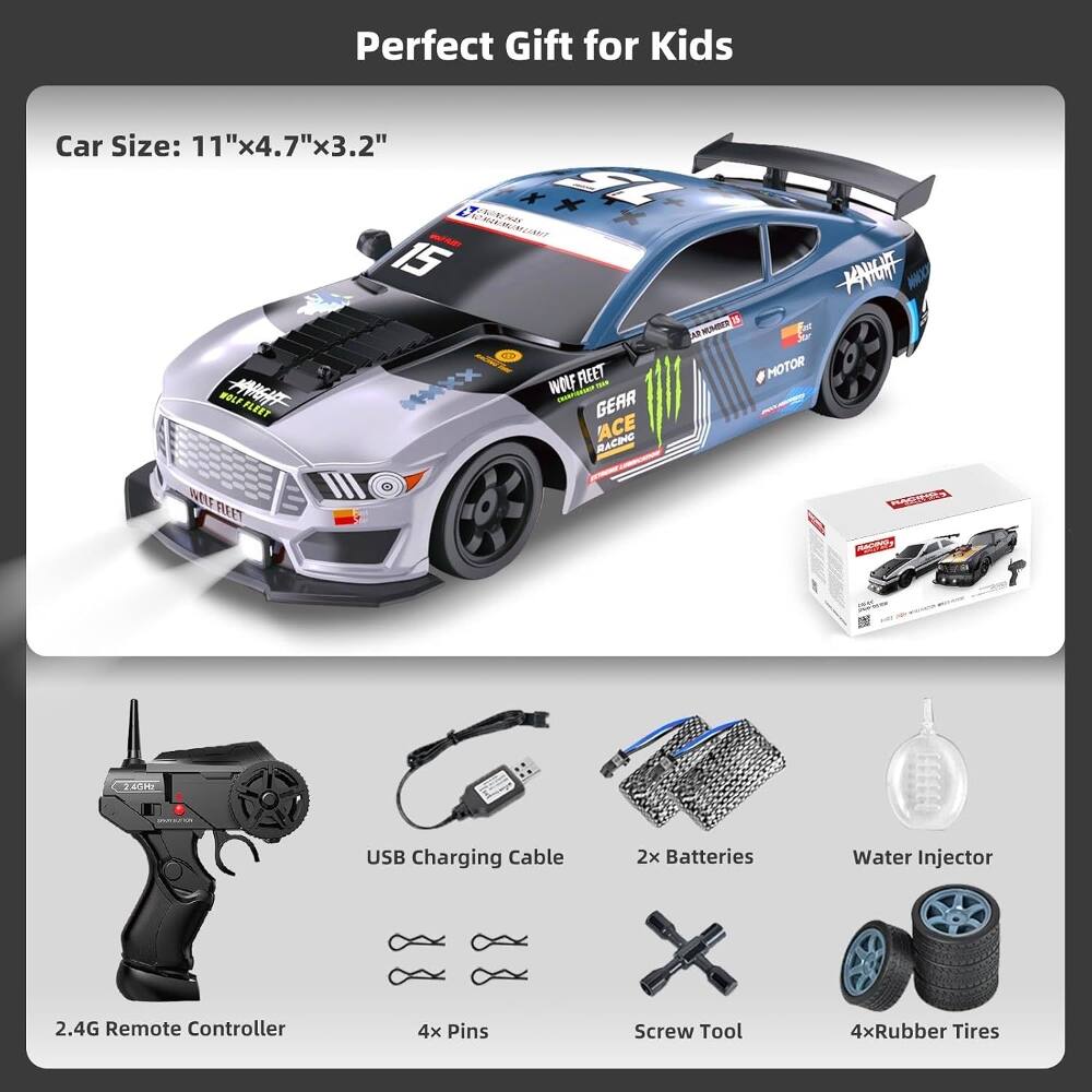 Perfect Gift for Kids

Car Size: 11"x4.7"x3.2"

11 PRVA X F - 15 a - WOF FLEET FU WOLF AGA FLEET iA GEAR ACE RACING MOTOR T WELE FIEET

USB Charging Cable
2x Batteries
Water Injector
2.4G Remote Controller
4x Pins
Screw Tool
4x Rubber Tires