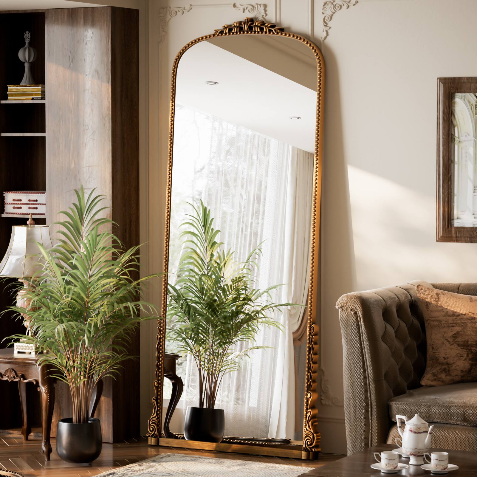 Angle. Easly - Antique Gold 28 in. W x 69 in. H Carved Arched PU Frame Full Length Floor Mirror - Gold.