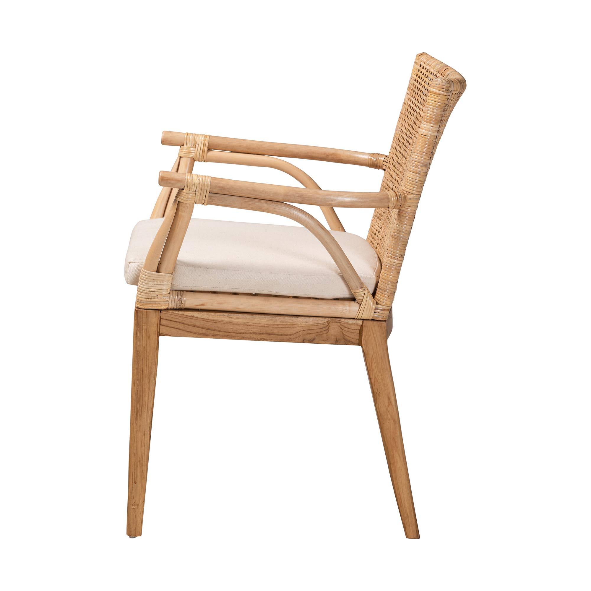 Back. bali & pari - Storsel Modern Bohemian Finished Teak Wood and Rattan Dining Chair - Natural Brown/Cream.