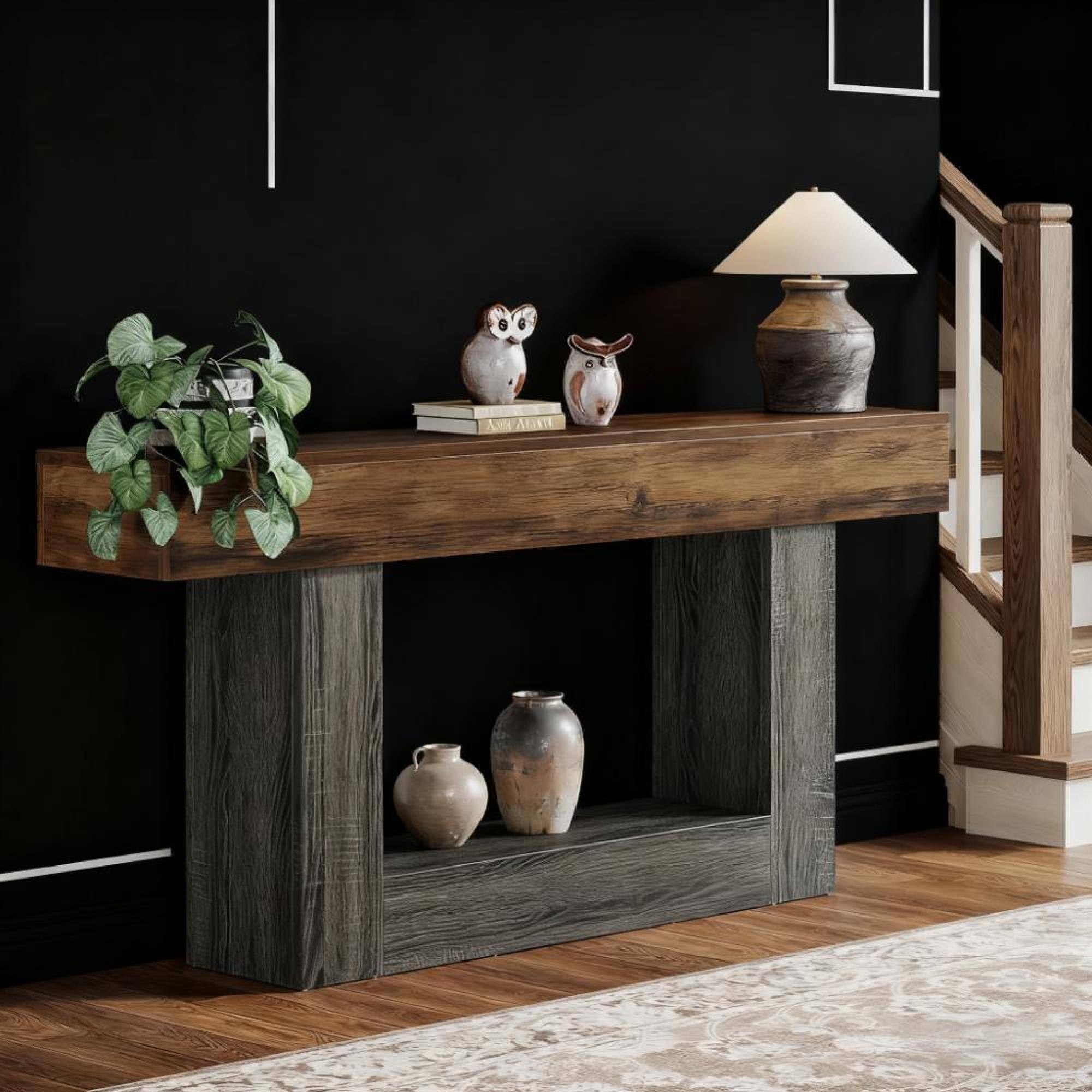 Alt View 2. GOODSILO - Farmhouse Style Narrow Console Table with U-Shaped Base and Lower Shelf for Living Room or Entryway - Blue+Grey+Brown.
